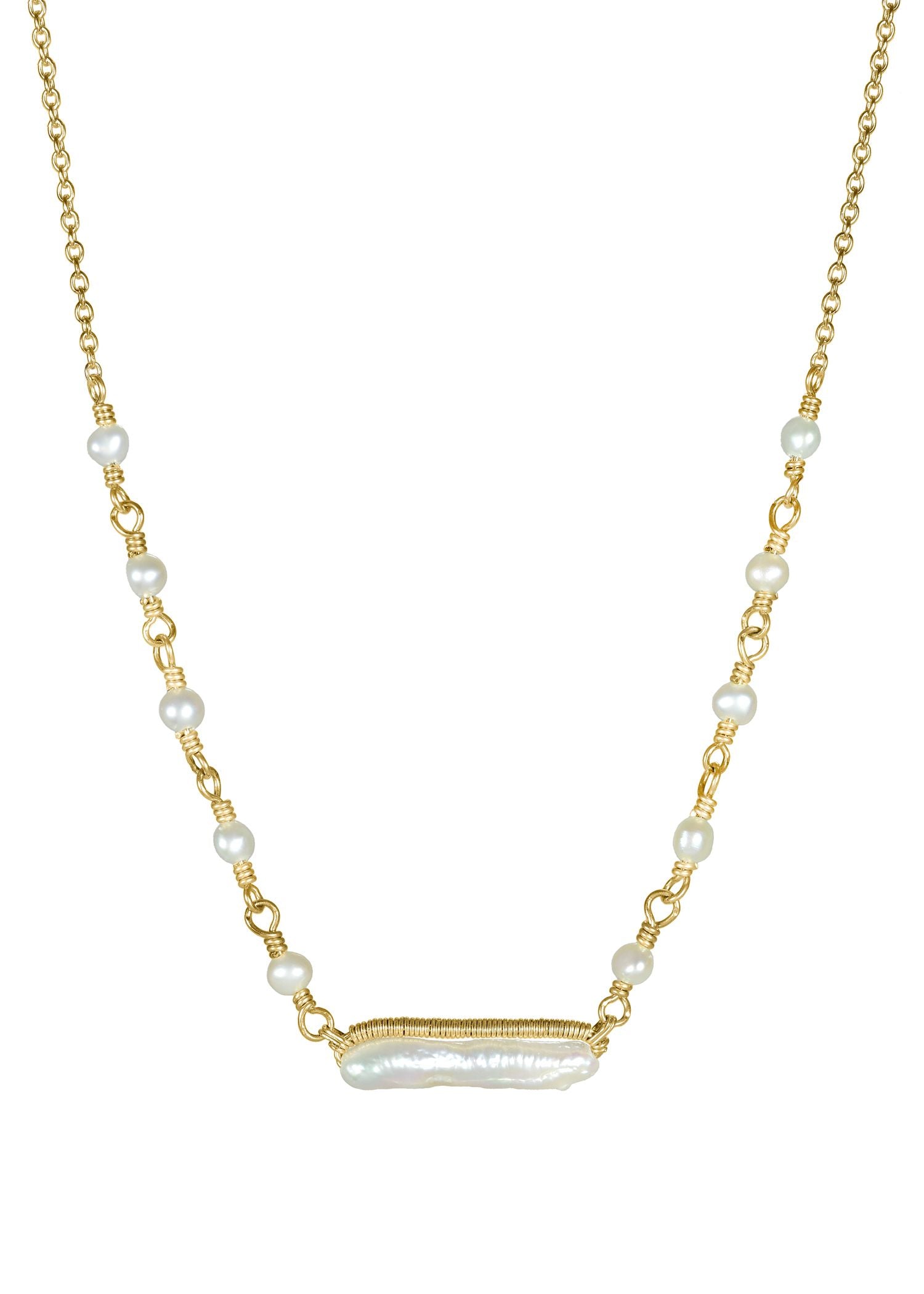 Freshwater pearl necklace in 14k gold fill featuring a hand wire-wrapped stick pendant and pearl-linked chain.