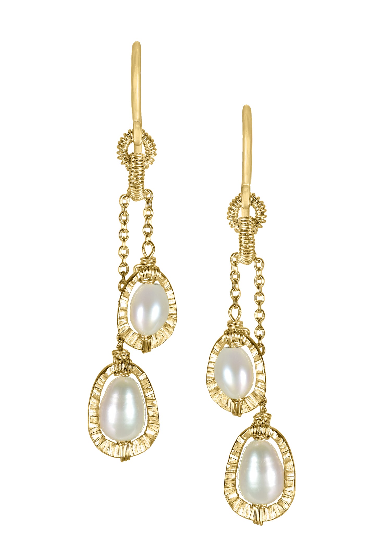 Freshwater pearl double drop earrings in 14k gold fill with hand-hammered texture and hand wire-wrapped details.