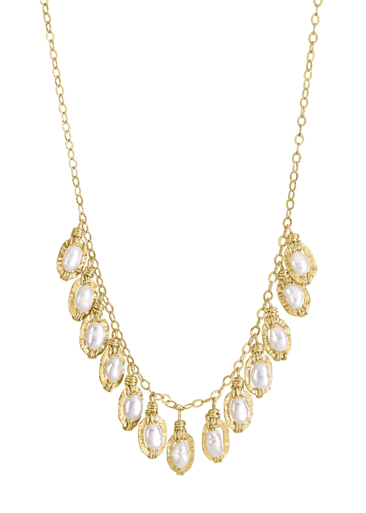 Bib necklace with rice-shaped freshwater pearls in textured 14k gold fill settings on an 18-inch chain.