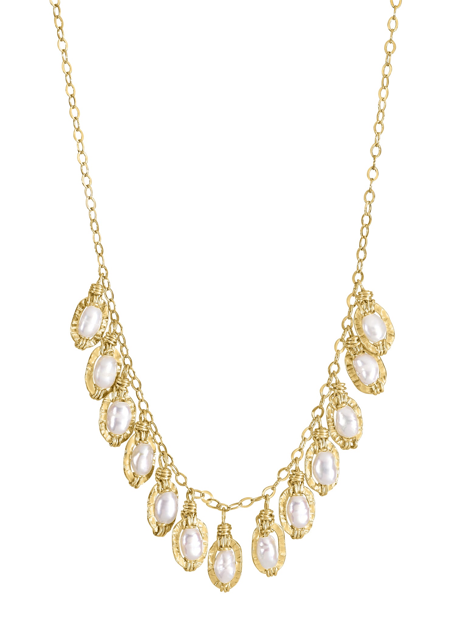 Bib necklace with rice-shaped freshwater pearls in textured 14k gold fill settings on an 18-inch chain.