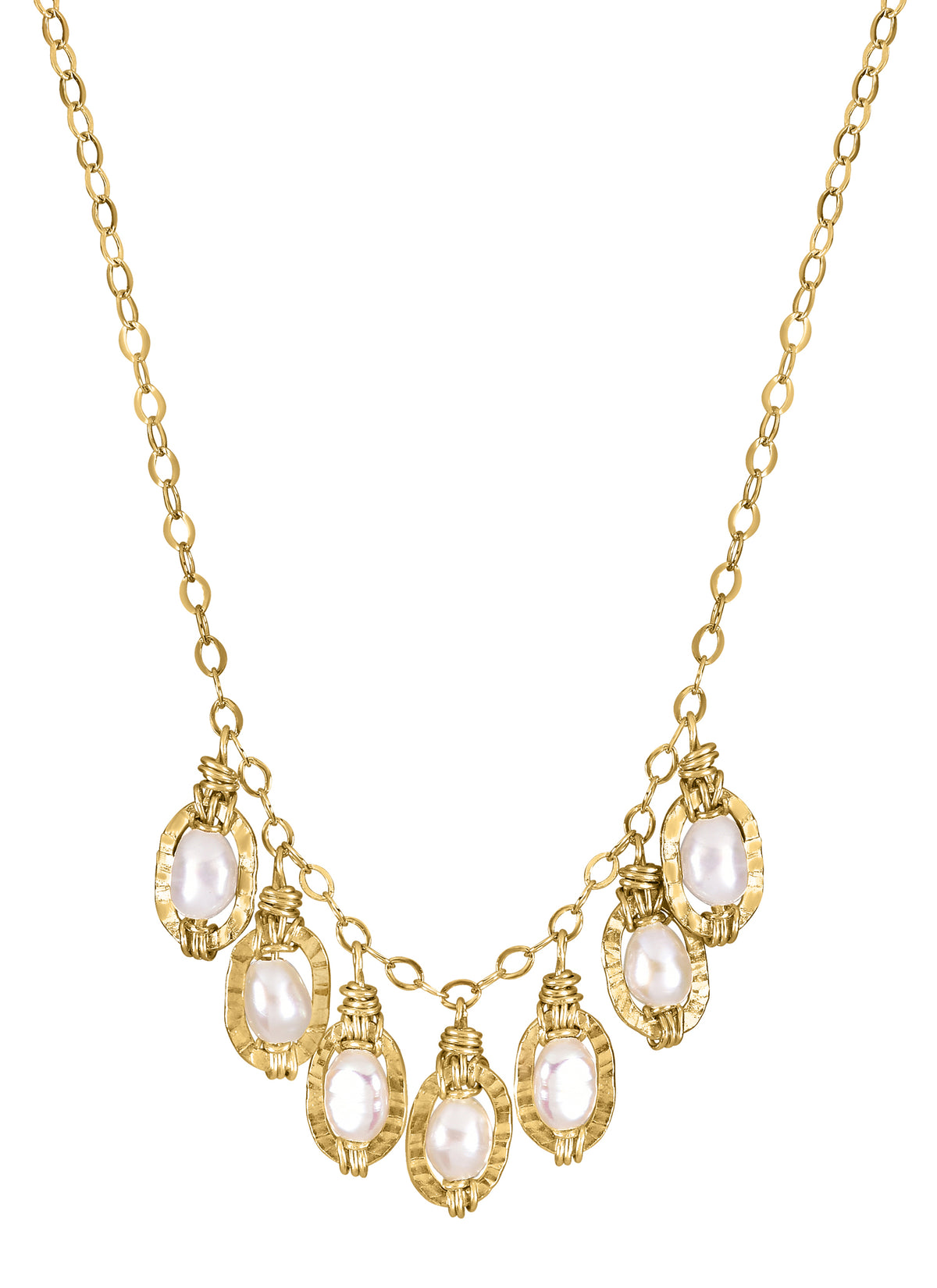 Bib necklace with freshwater pearls in 14k gold fill textured oval frames on a gold chain.