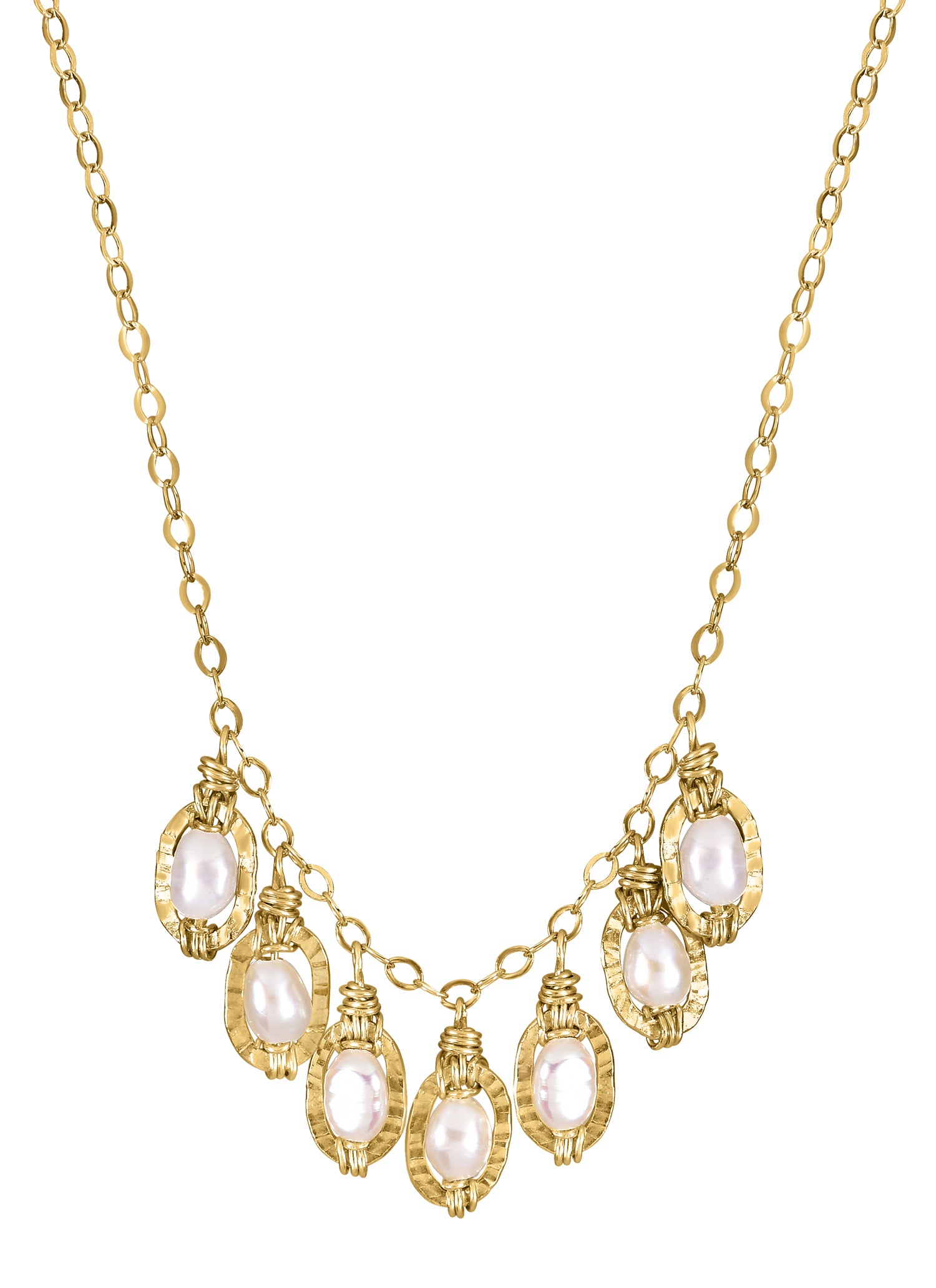Bib necklace with freshwater pearls in 14k gold fill textured oval frames on a gold chain.