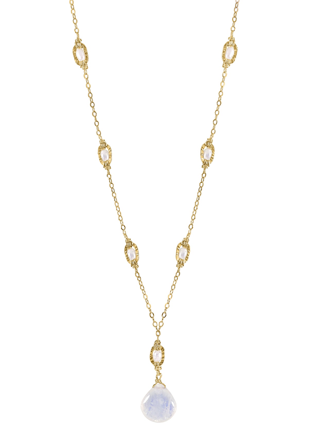 Y necklace with freshwater pearls and rainbow moonstone in 14k gold fill with textured frames on a delicate chain.