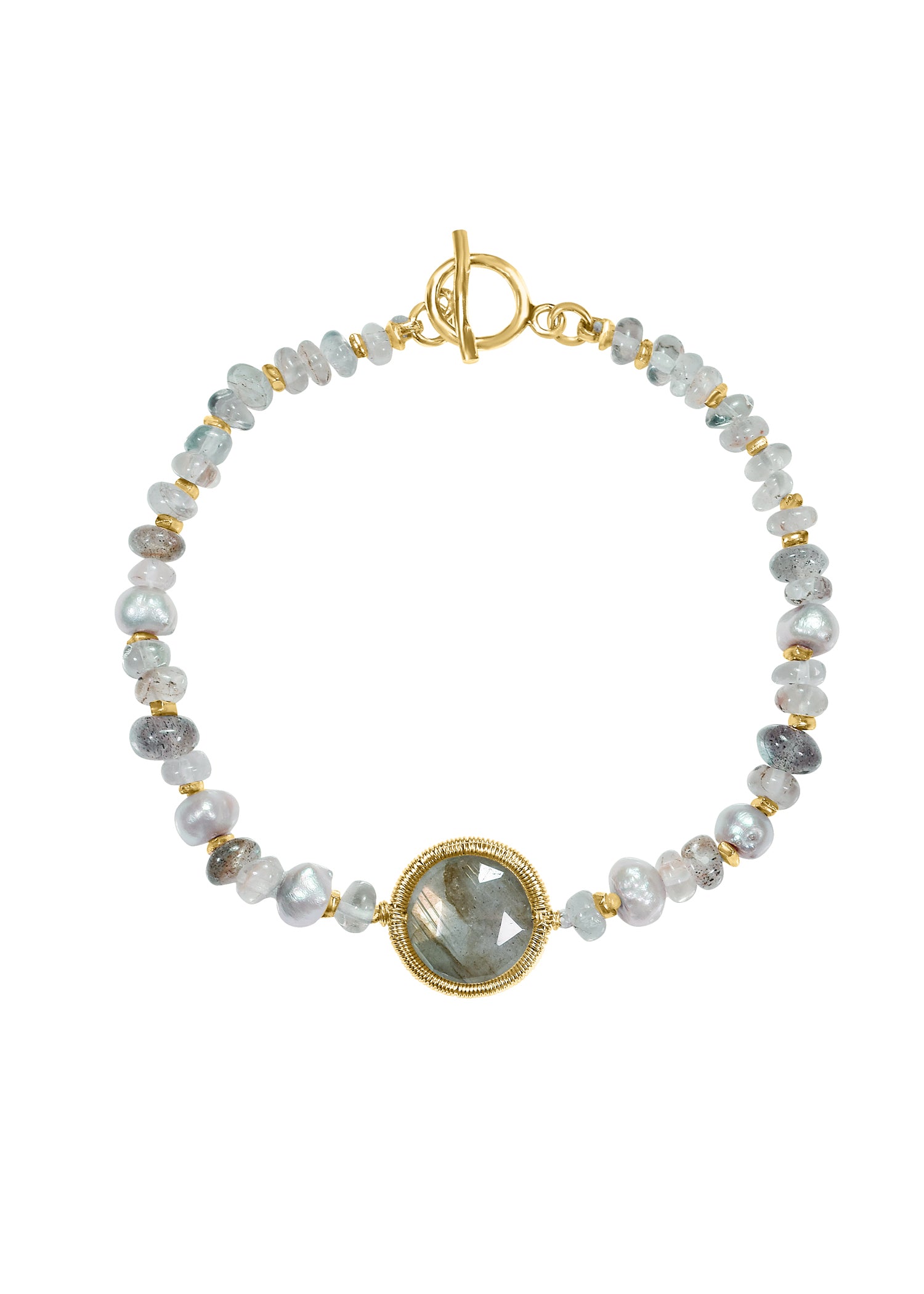 Pebbles bracelet with labradorite, aquamarine, and pearl beads, 14k gold fill toggle, and hand wire-wrapped coin pendant.