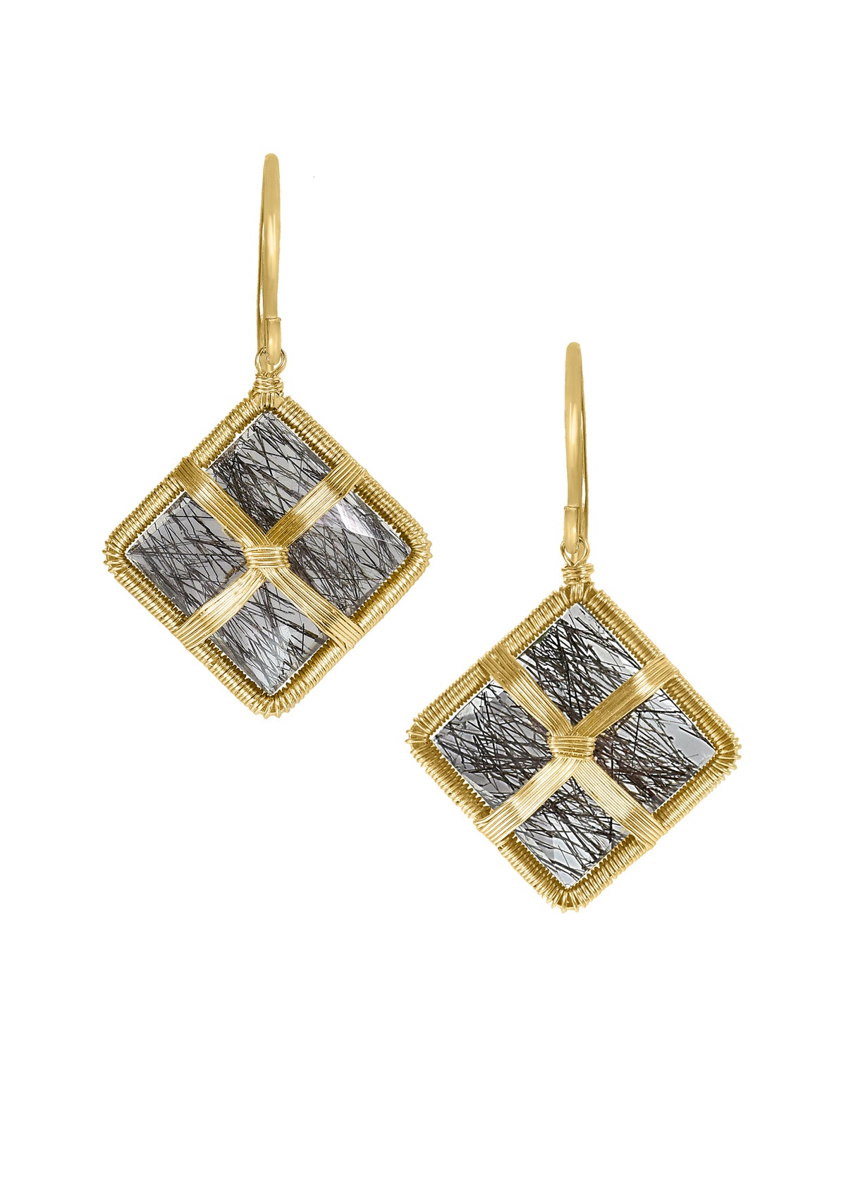 Black tourmalated quartz earrings in 14k gold, hand wire-wrapped in a square shape with ear wires.