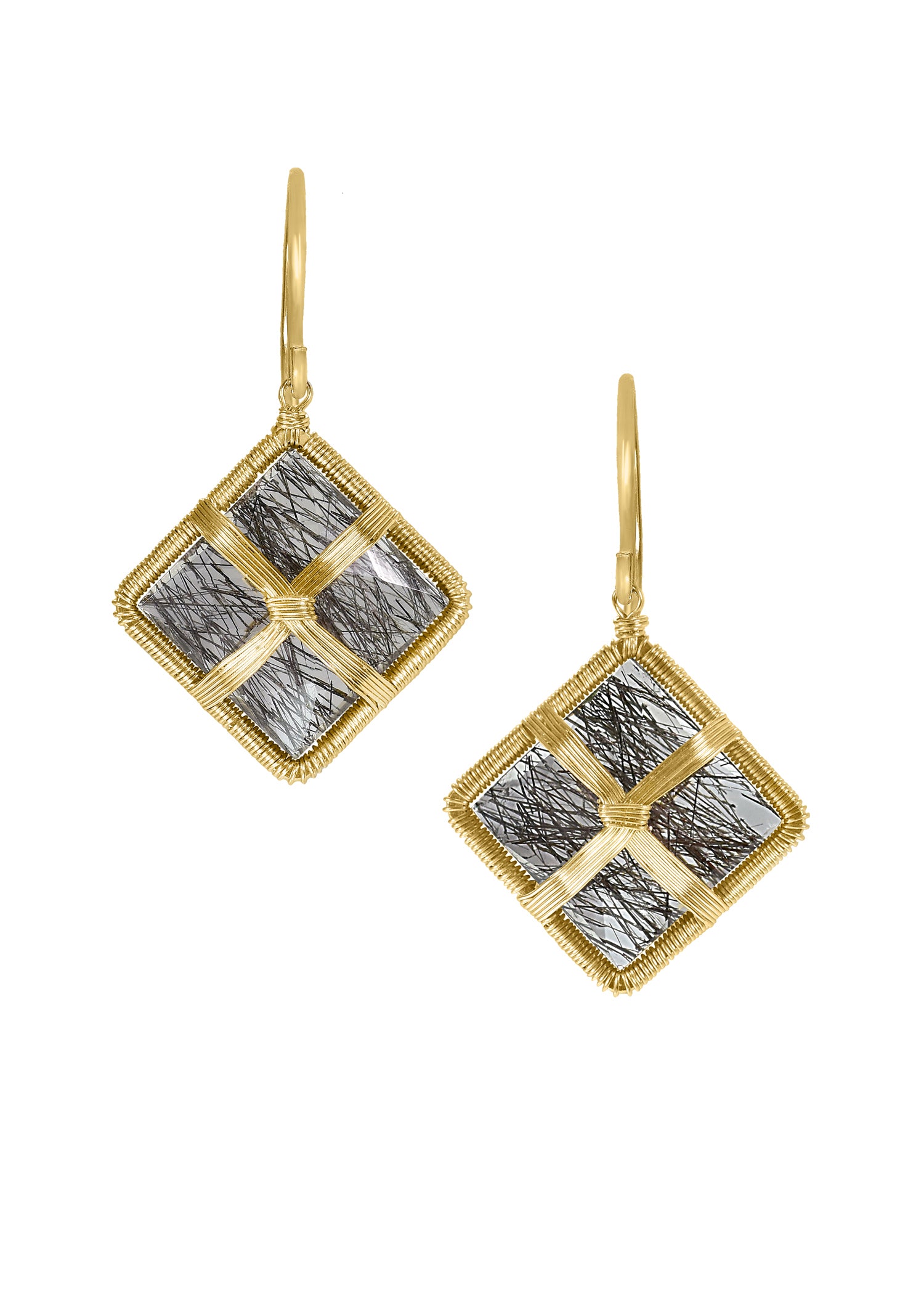 Black tourmalated quartz earrings in 14k gold, hand wire-wrapped in a square shape with ear wires.