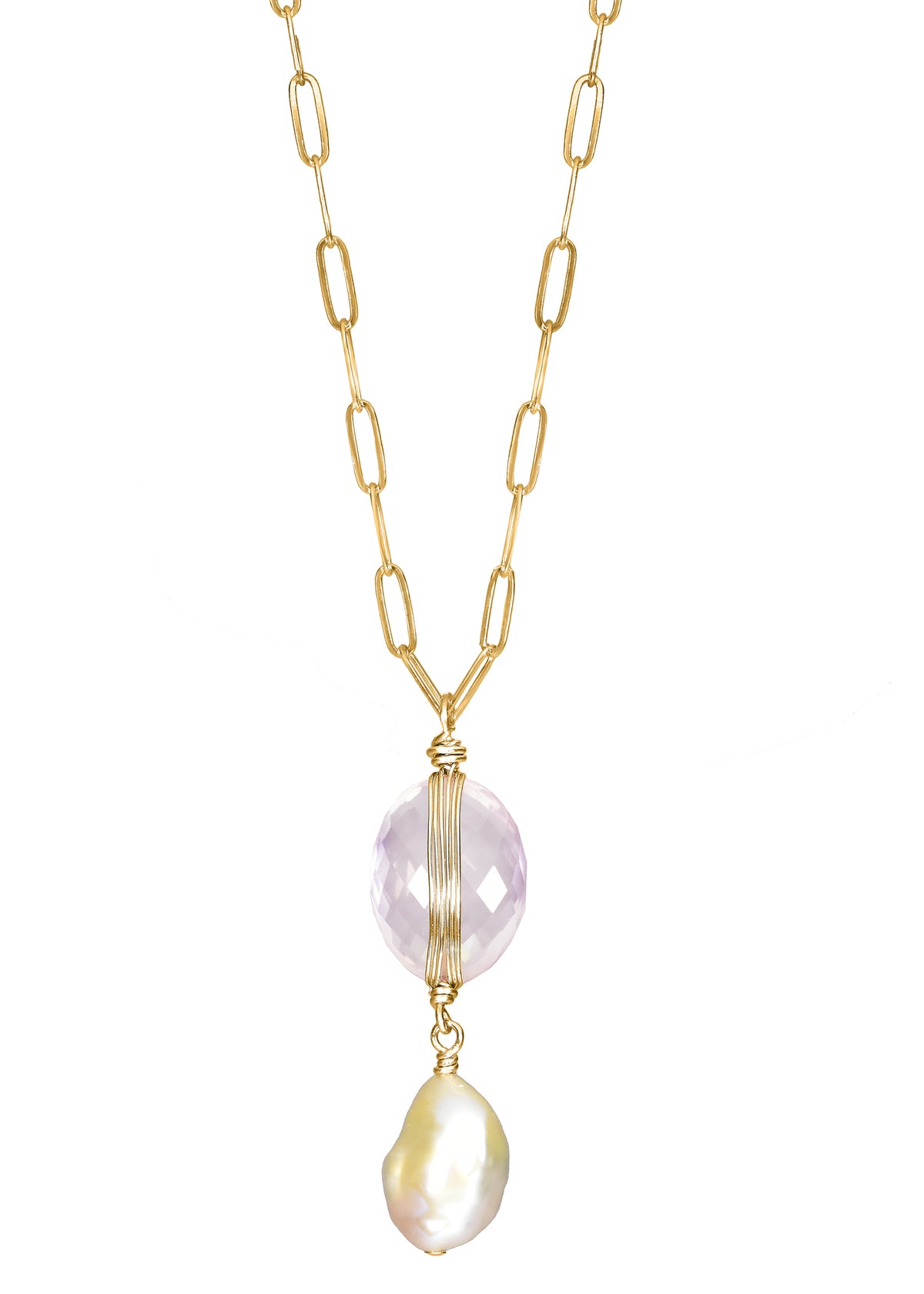 Double drop necklace with rose quartz and freshwater pearl on a 14k gold fill chain, hand wire-wrapped in a 5/8" pendant.