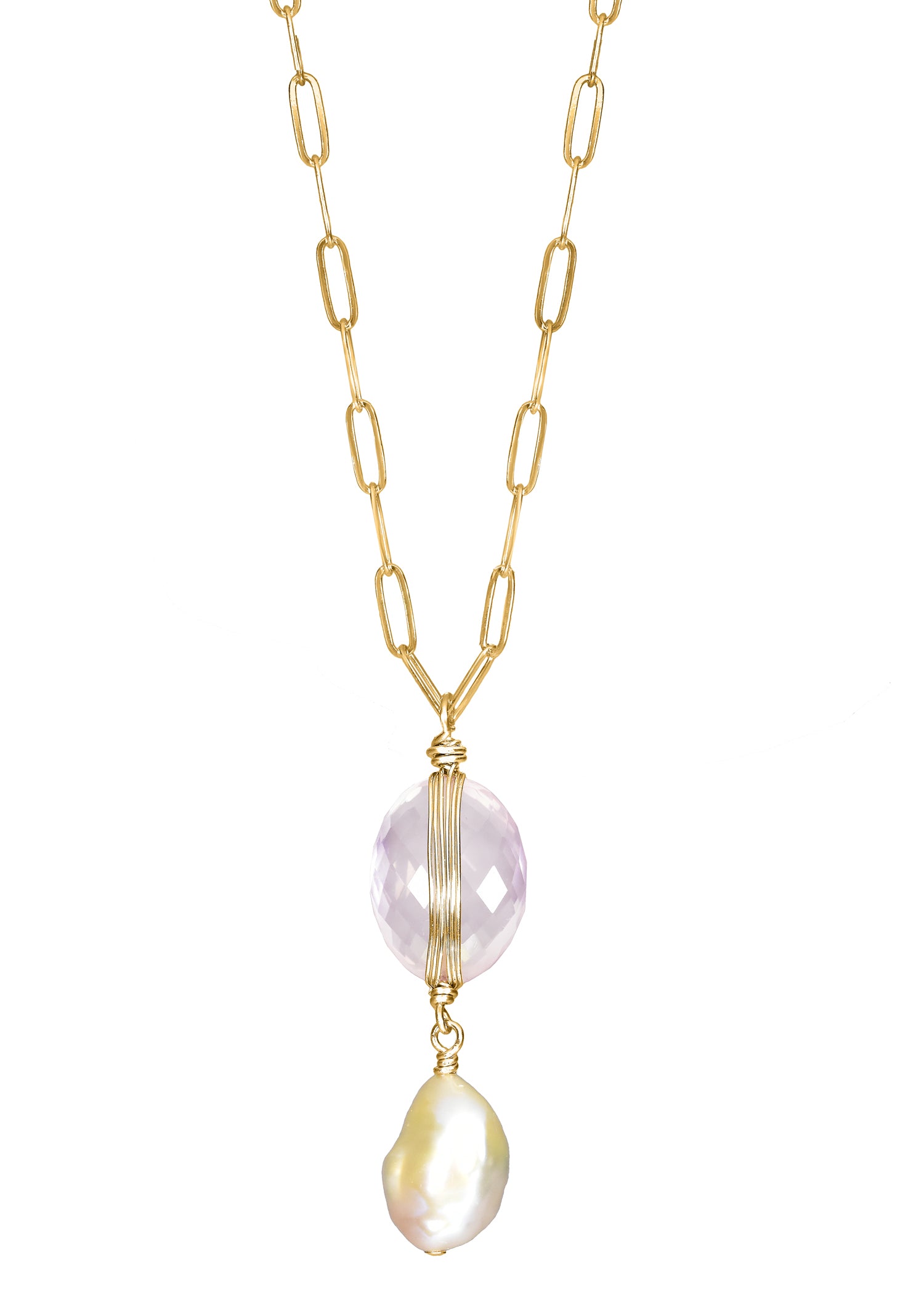 Double drop necklace with rose quartz and freshwater pearl on a 14k gold fill chain, hand wire-wrapped in a 5/8" pendant.