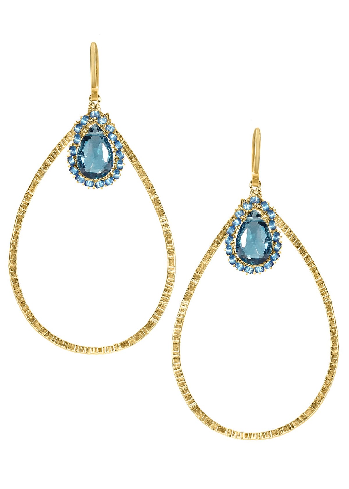 London blue quartz petal earrings in 14k gold fill with seed bead borders and textured open hoop frames.