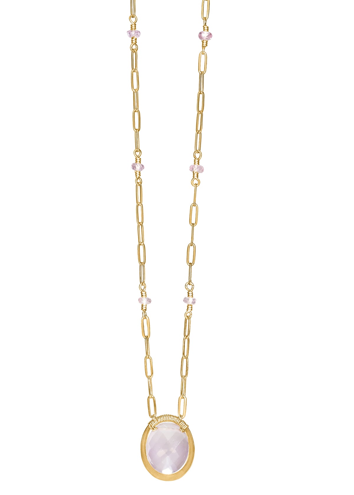 Rose quartz necklace with 14k gold fill chain, hand wire-wrapped pendant, and pink stone accents on a long link chain.