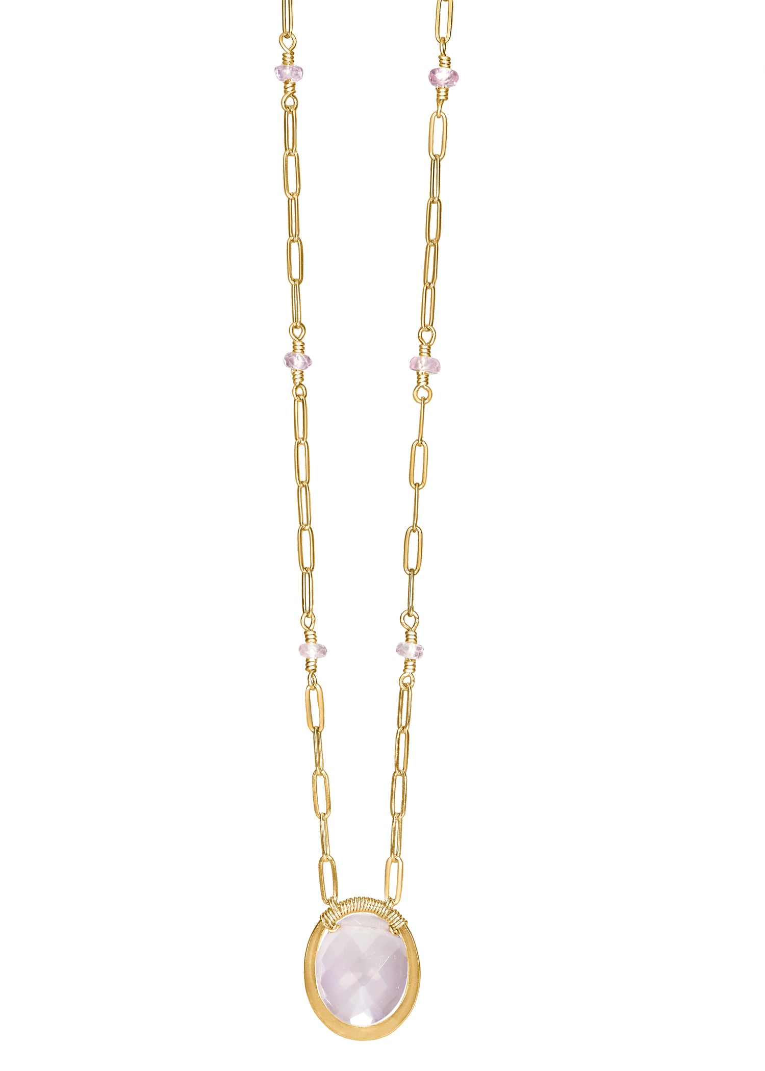 Rose quartz necklace with 14k gold fill chain, hand wire-wrapped pendant, and pink stone accents on a long link chain.