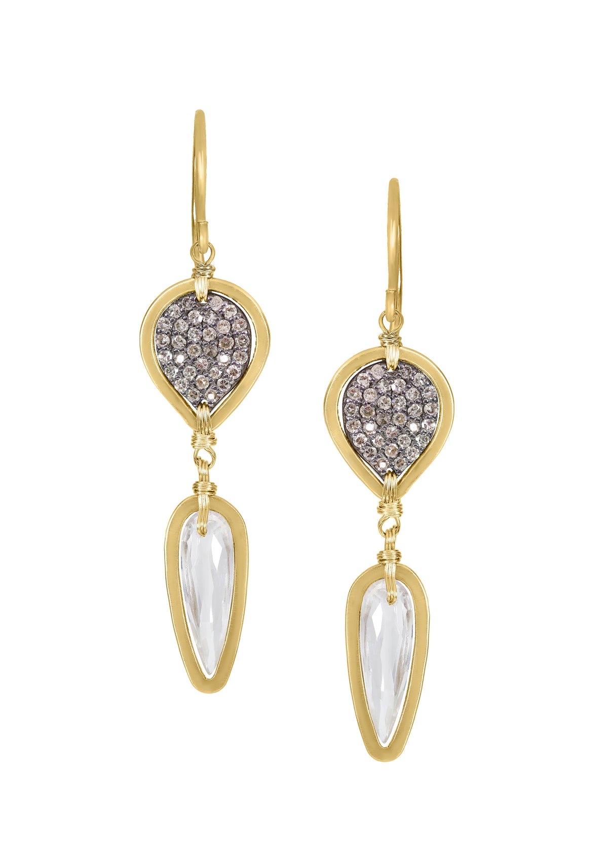 Petite Point earrings with diamond white topaz, 14k gold, and sterling silver, featuring hand wire-wrapped teardrop shapes.
