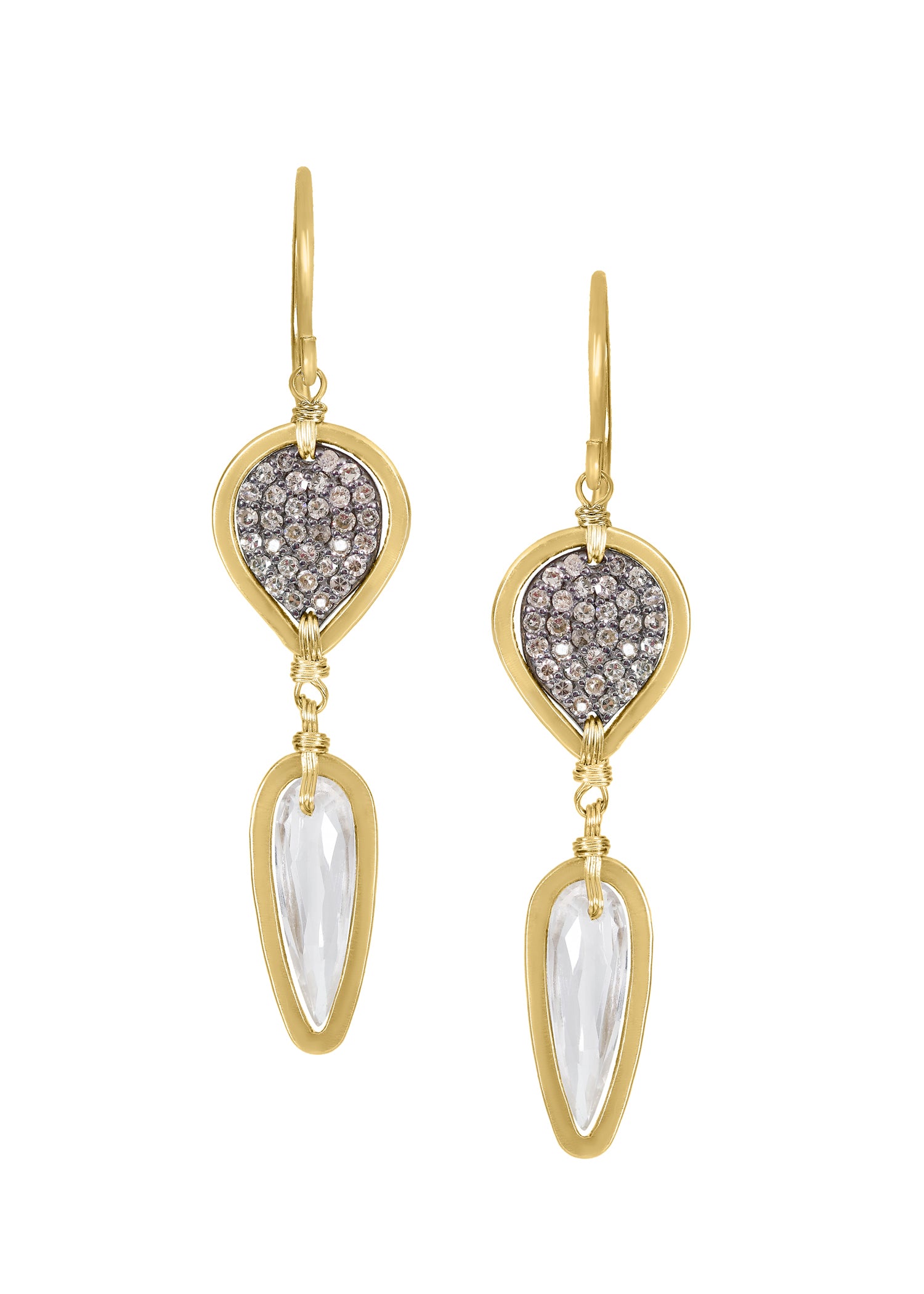Petite Point earrings with diamond white topaz, 14k gold, and sterling silver, featuring hand wire-wrapped teardrop shapes.