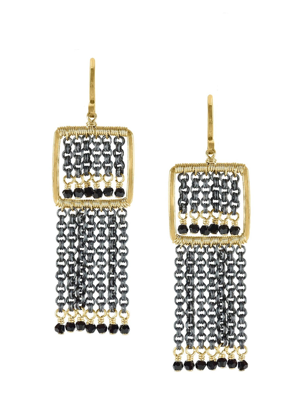 Fringe earrings with crystal, 14k gold fill, and blackened sterling silver chains in a hand wire-wrapped square frame.