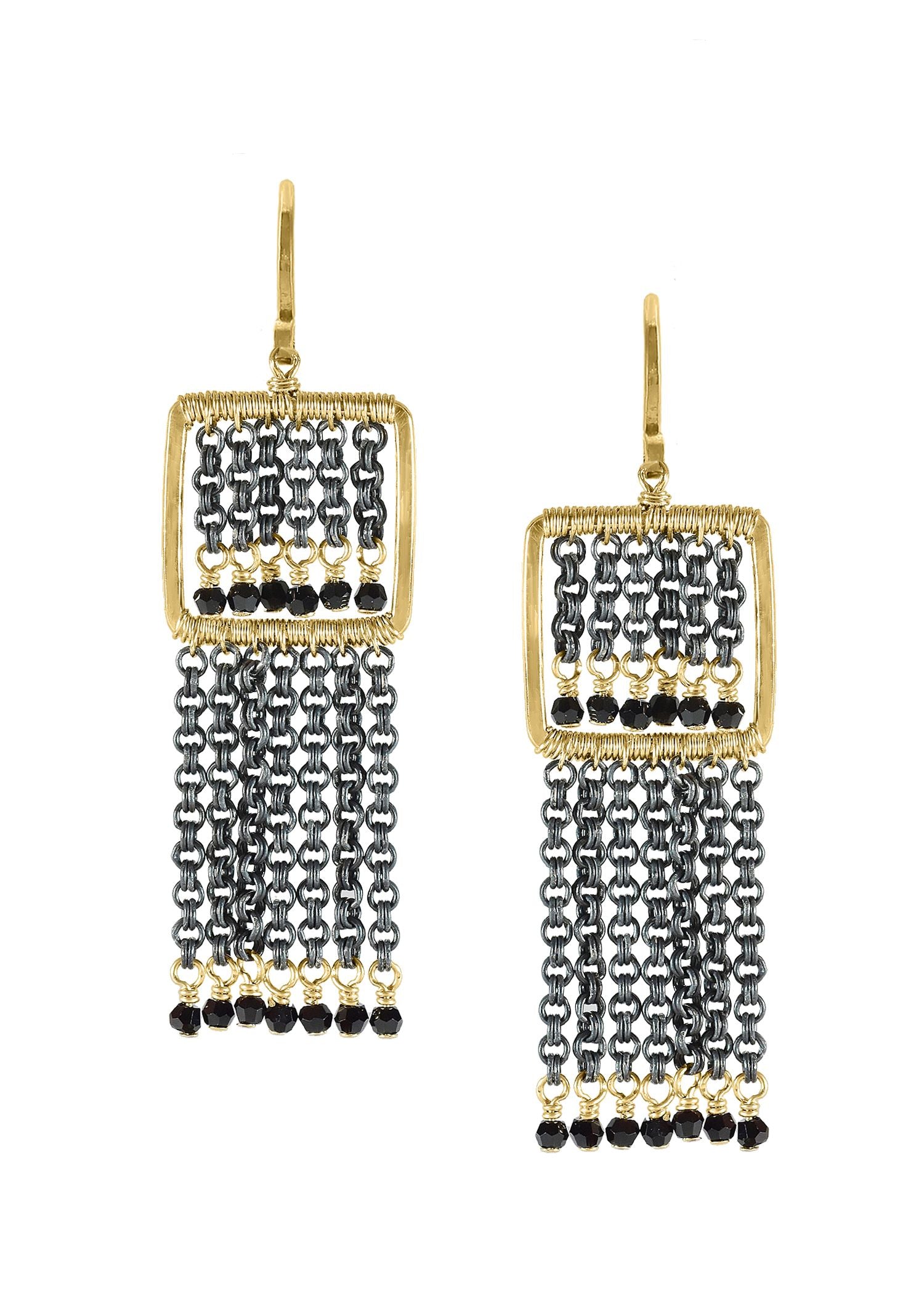 Fringe earrings with crystal, 14k gold fill, and blackened sterling silver chains in a hand wire-wrapped square frame.
