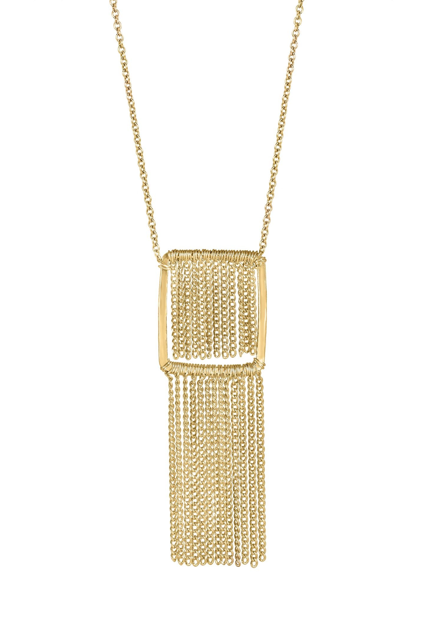 Fringe necklace in 14k gold fill featuring a rectangular frame with hand wire-wrapped fine hanging chains.