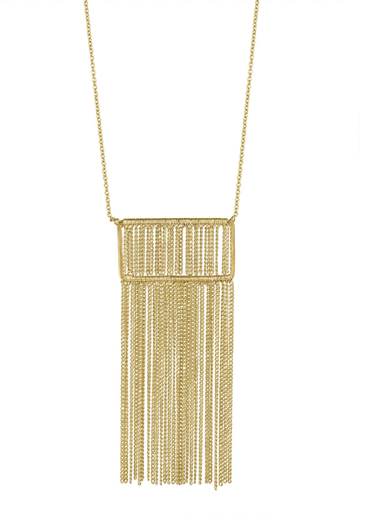 Fringe necklace in 14k gold fill featuring a rectangular hand wire-wrapped pendant with dozens of dangling fine chains.