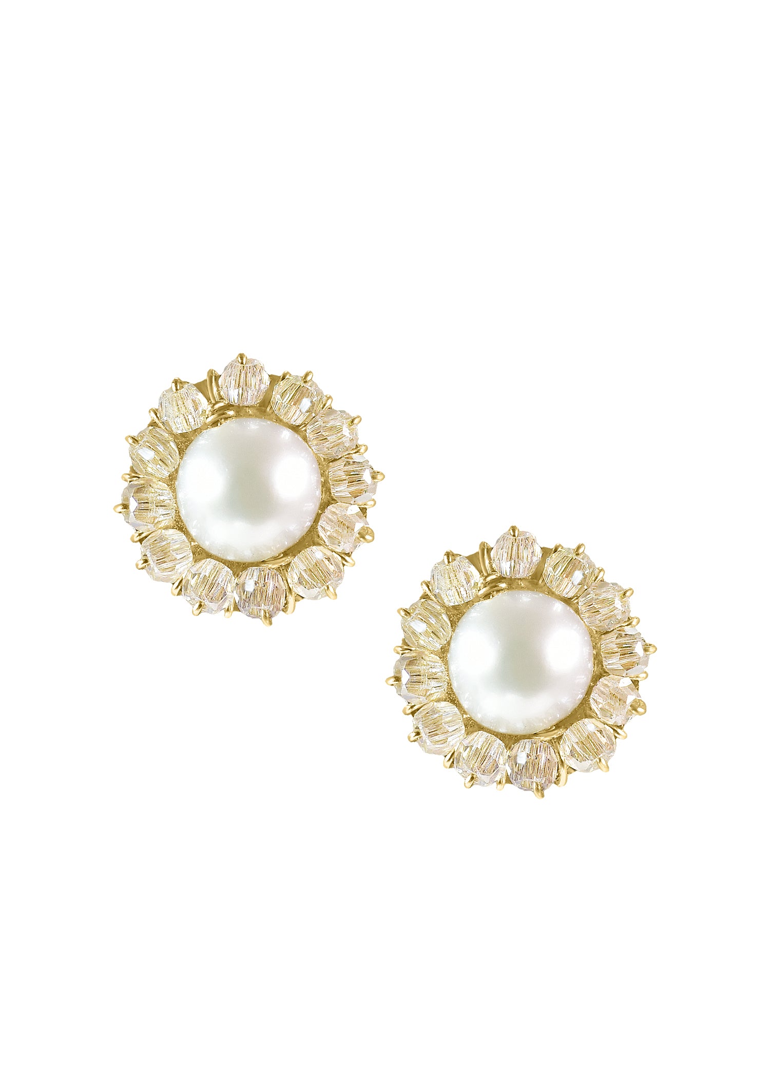 Freshwater pearl and crystal post earrings in 14k gold fill, 3/8 inch round design.