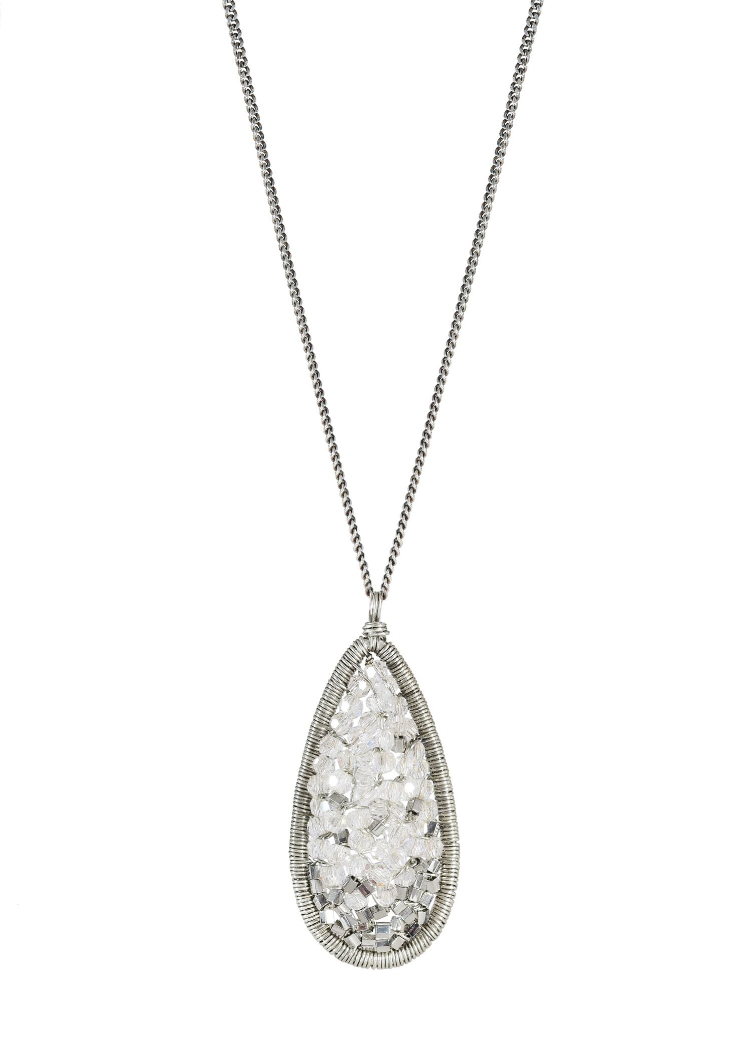 Crystal Hematite seed beads Sterling silver Necklace measures 17-1/8" in length Pendant measures 1-1/8" in length and 1/2" in width Handmade in our Los Angeles studio