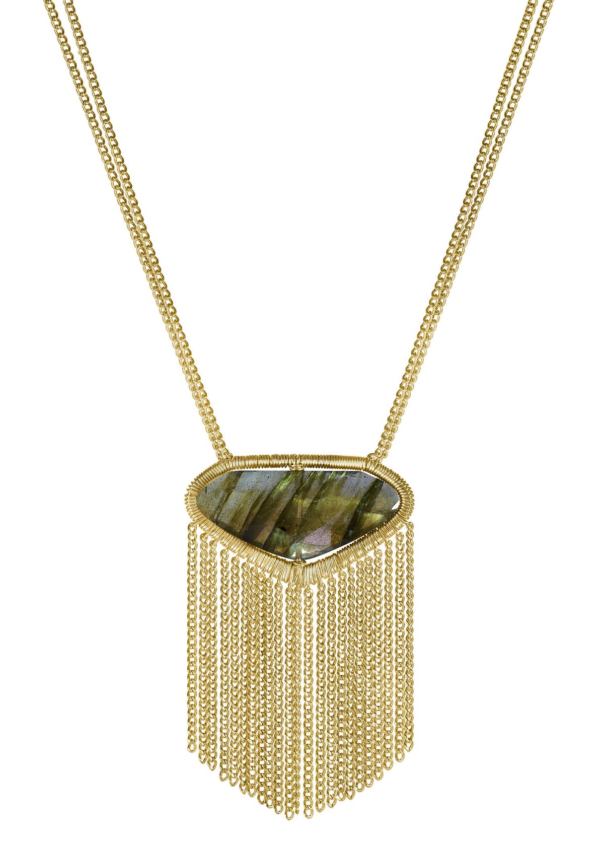 Labradorite necklace in 14k gold fill with a hand wire-wrapped faceted stone and cascading gold chain fringe pendant.
