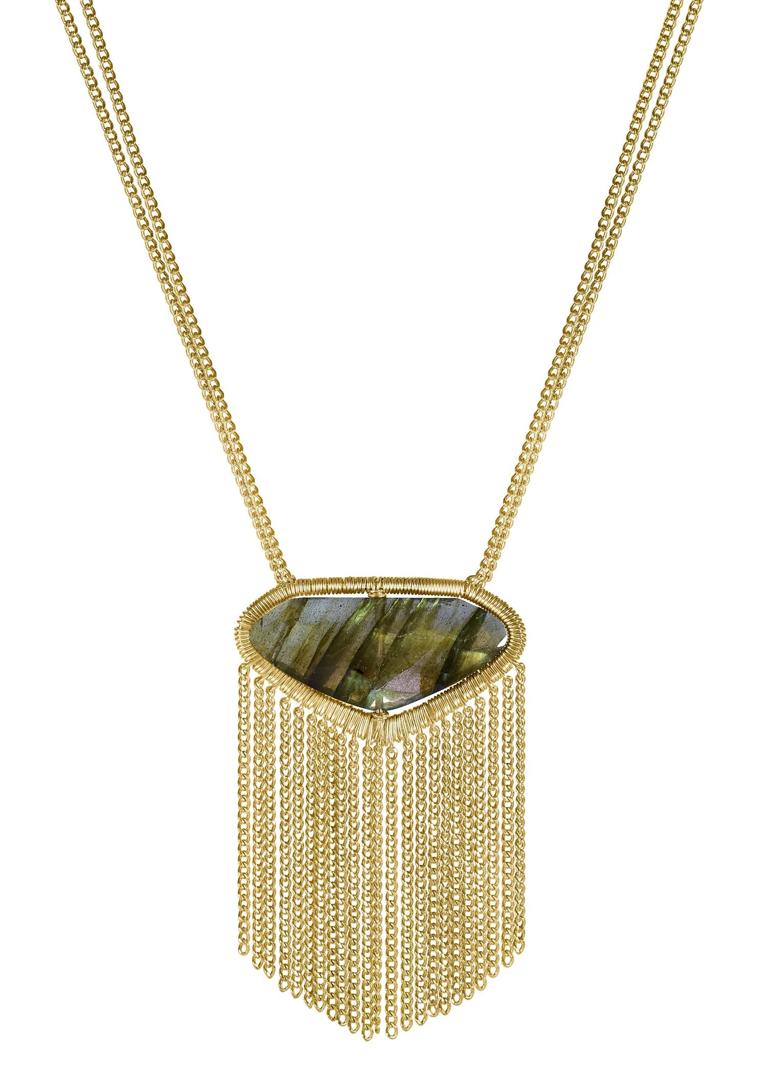 Labradorite necklace in 14k gold fill with a hand wire-wrapped faceted stone and cascading gold chain fringe pendant.