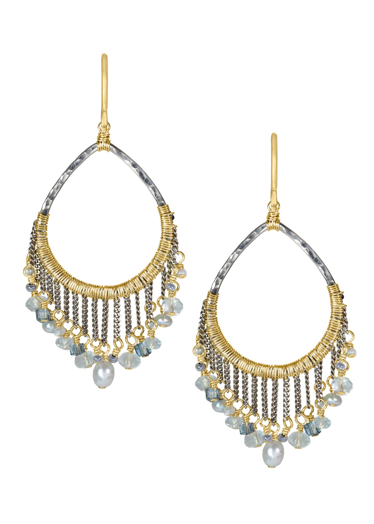 Rain earrings with freshwater pearl and aquamarine, hand wire-wrapped in 14k gold fill and sterling silver mixed metal.