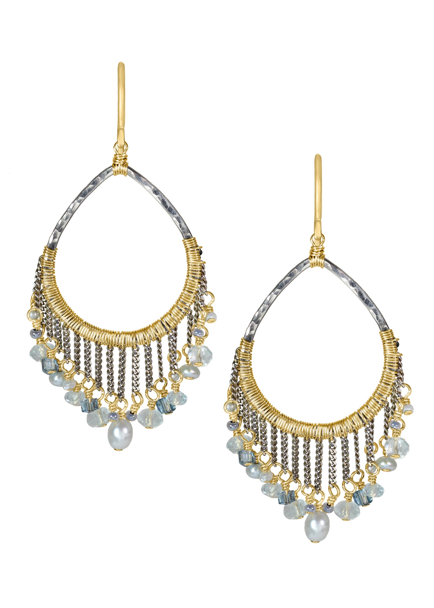 Rain earrings with freshwater pearl and aquamarine, hand wire-wrapped in 14k gold fill and sterling silver mixed metal.