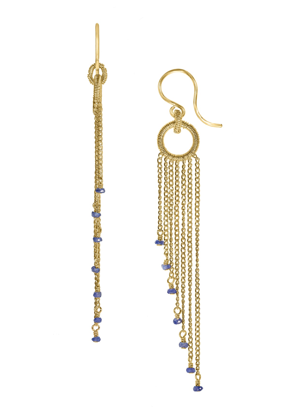 Raindrop earrings with blue sapphires and 14k gold fill hand wire-wrapped double hoops and cascading chain fringe.