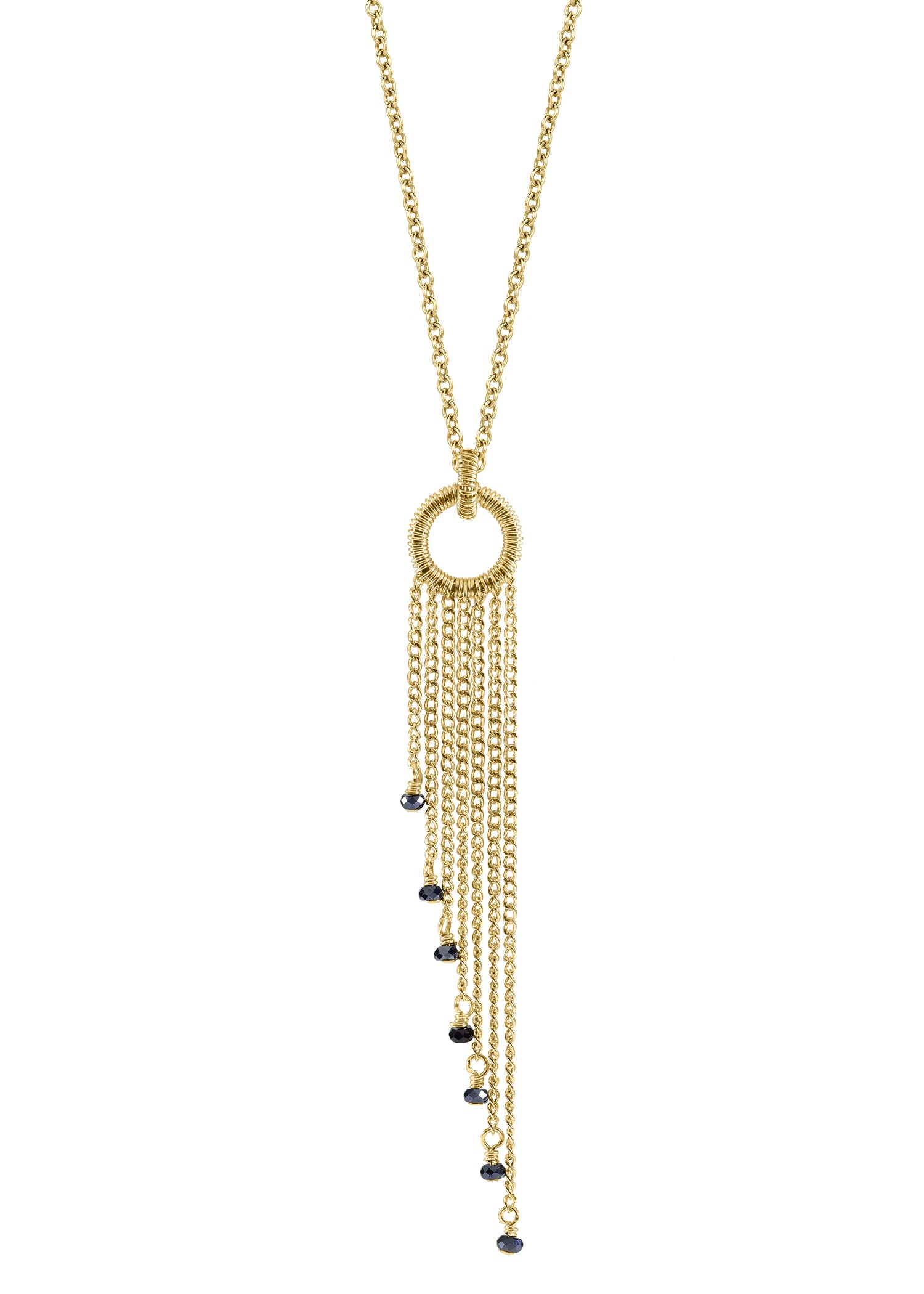 Fringe necklace with black spinel and 14k gold fill, featuring hand wire-wrapped details and a cascading chain design.