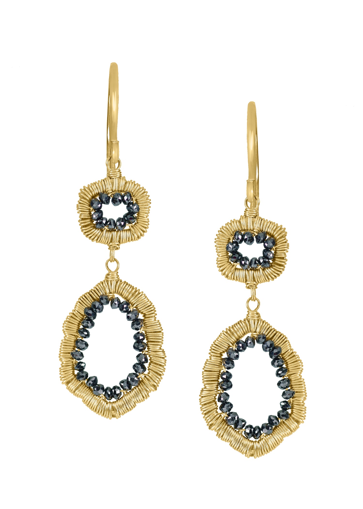 Black diamond earrings in 14k gold, featuring hand wire-wrapped organic hoops in a dangling two-tier design.