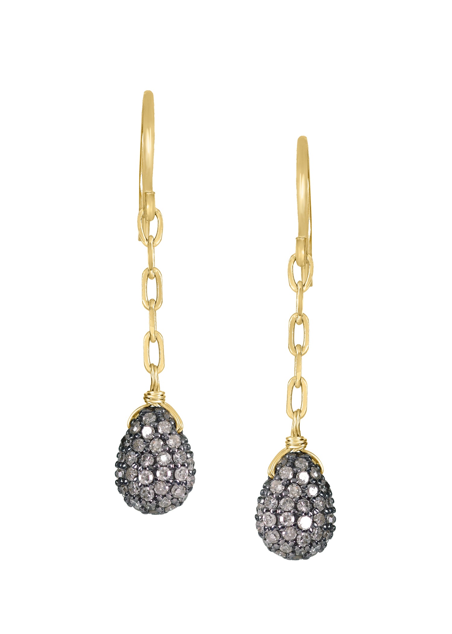 Diamond drop earrings with hand wire-wrapped stones on 14k gold chains, measuring 1-1/4 inches long.