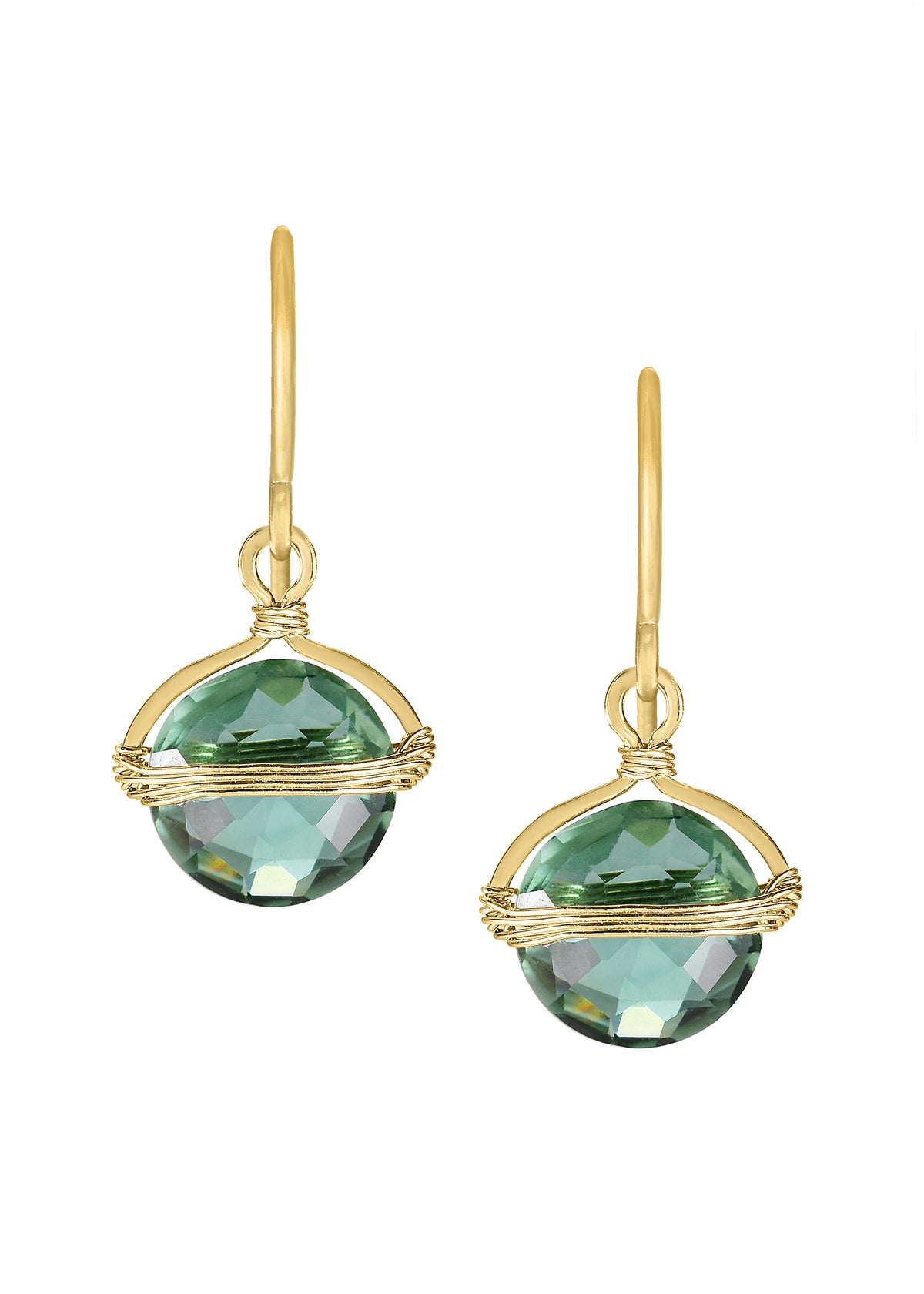 Green quartz earrings in 14k gold fill with hand wire-wrapped coin-shaped stones on ear wires.