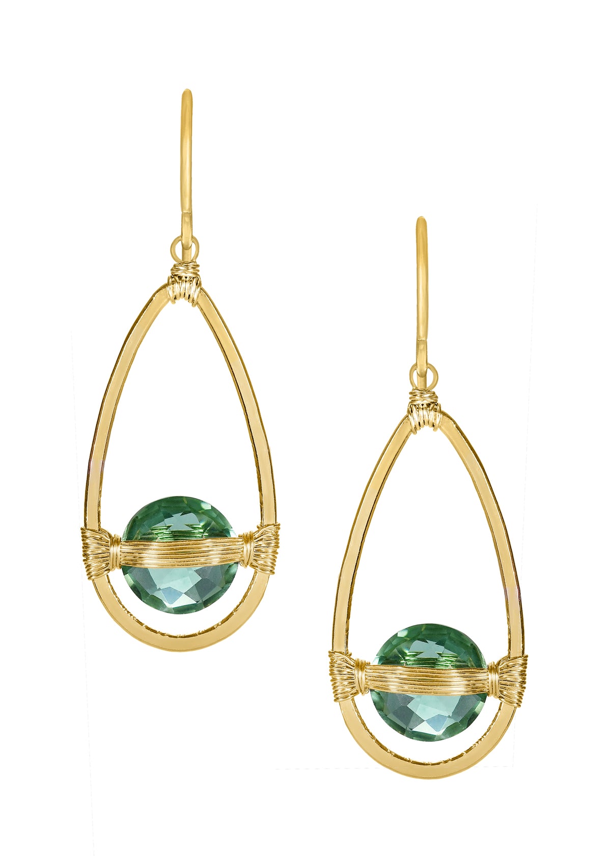Green quartz hoop earrings in 14k gold fill with hand wire-wrapped faceted coin stones in a teardrop frame.