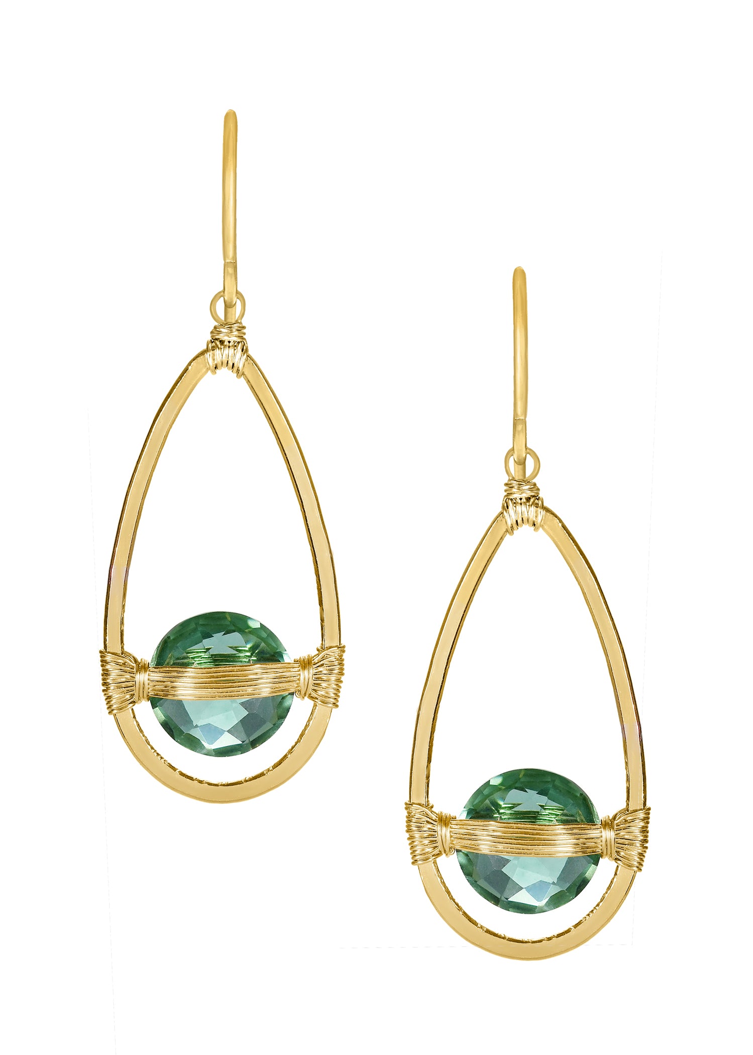 Green quartz hoop earrings in 14k gold fill with hand wire-wrapped faceted coin stones in a teardrop frame.