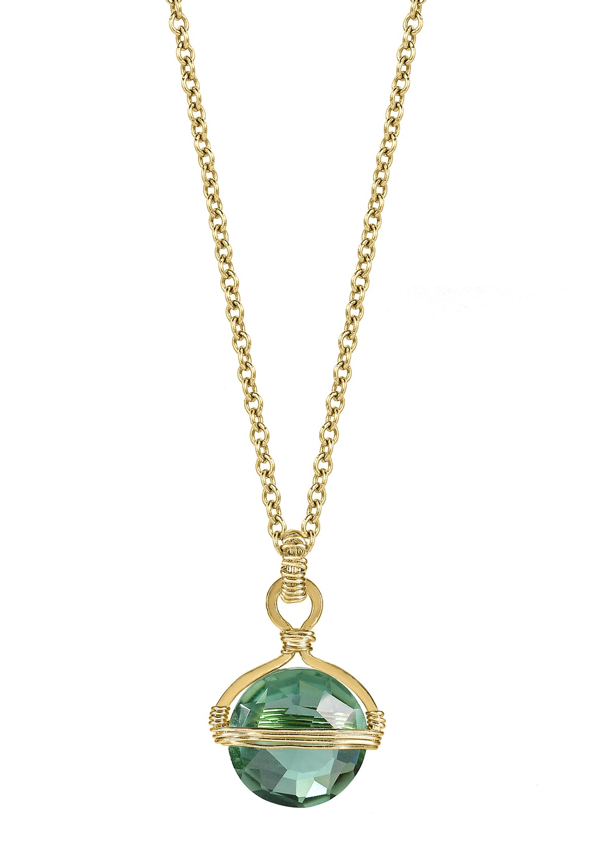 Green quartz necklace in 14k gold fill featuring a hand wire-wrapped coin-shaped stone on a 16-inch chain.