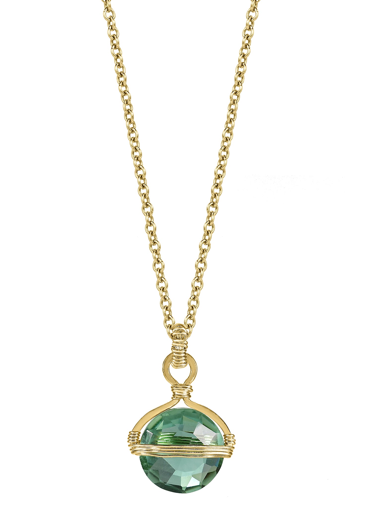 Green quartz necklace in 14k gold fill featuring a hand wire-wrapped coin-shaped stone on a 16-inch chain.