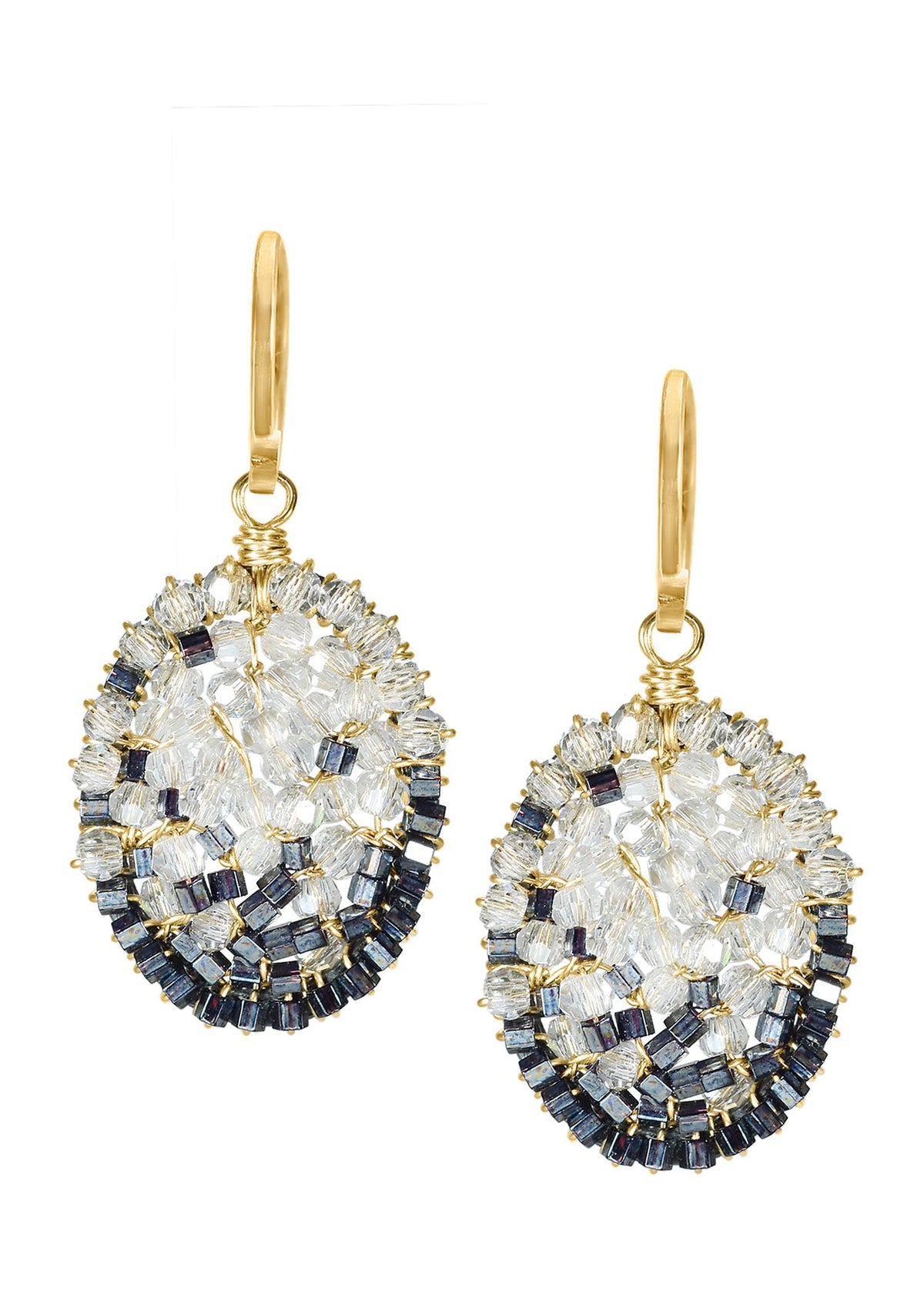 Salt and pepper earrings with crystal and dark hematite seed beads on 14k gold fill, hand wire-wrapped in an oval shape.
