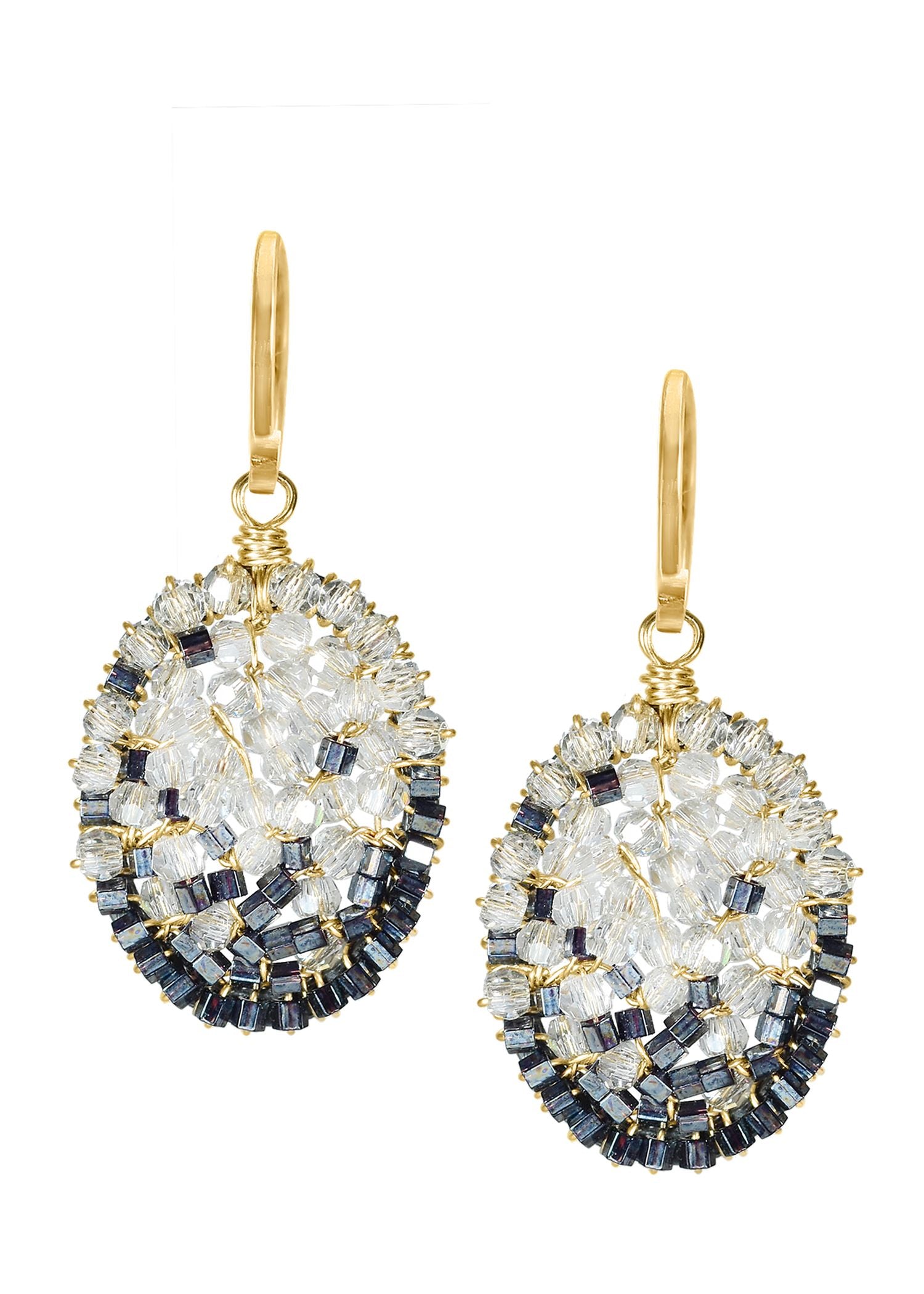 Salt and pepper earrings with crystal and dark hematite seed beads on 14k gold fill, hand wire-wrapped in an oval shape.