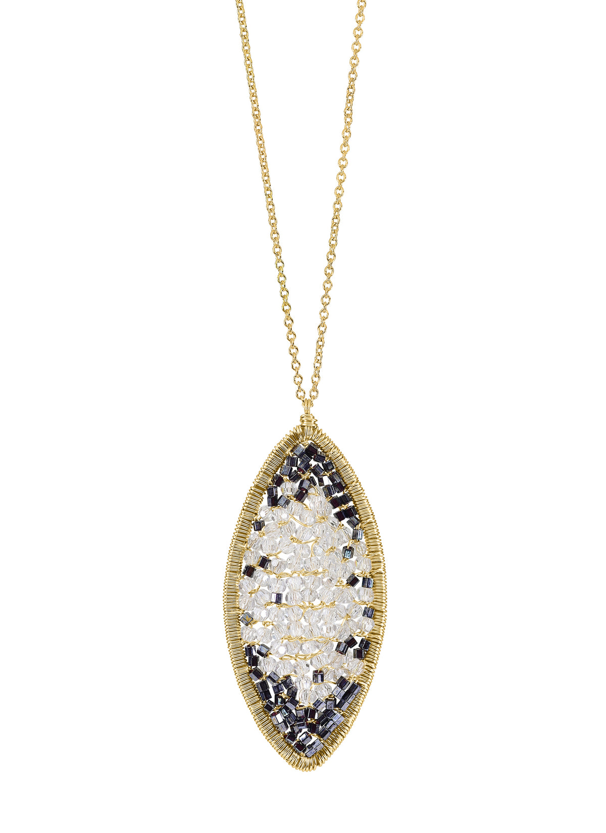 Marquis necklace with crystal and dark hematite beads, hand wire-wrapped in 14k gold fill on an 18-inch chain.