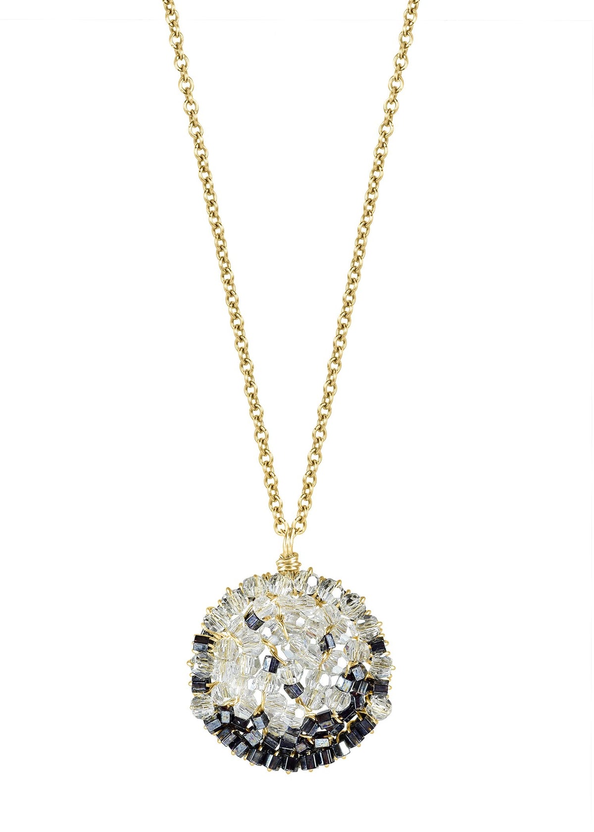 Salt and pepper necklace with hand wire-wrapped crystals and dark hematite beads on a 14k gold fill chain.
