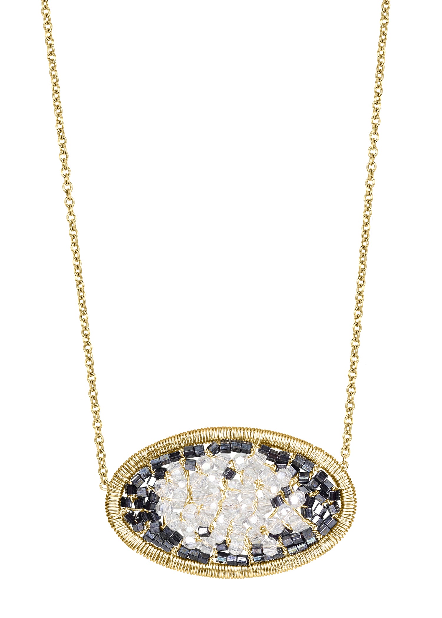 Oval necklace with crystal and dark hematite beads, hand wire-wrapped in 14k gold fill on a matching chain.
