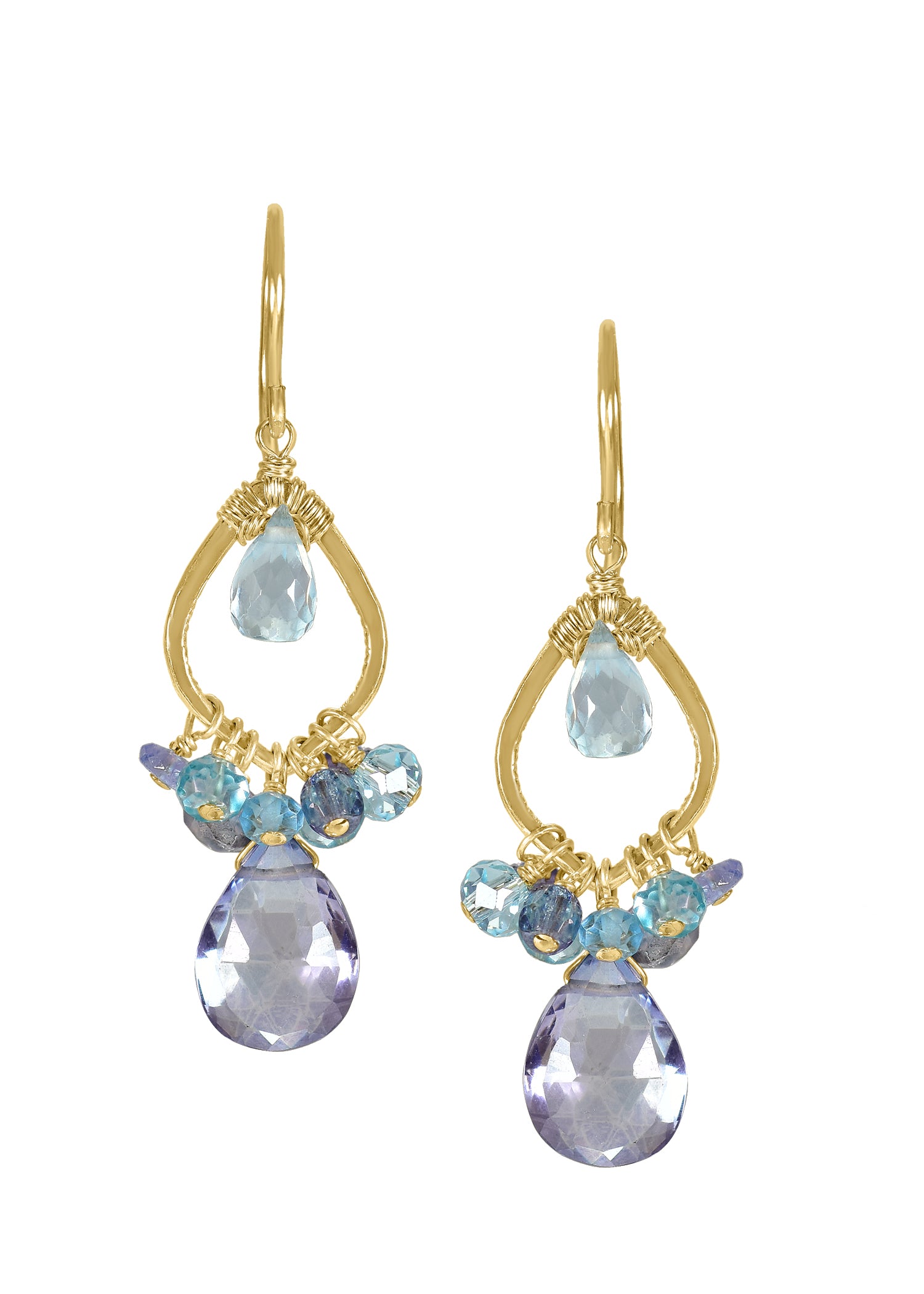 Aquamarine and blue sapphire earrings in 14k gold fill with hand wire-wrapped teardrop stones on a teardrop frame.