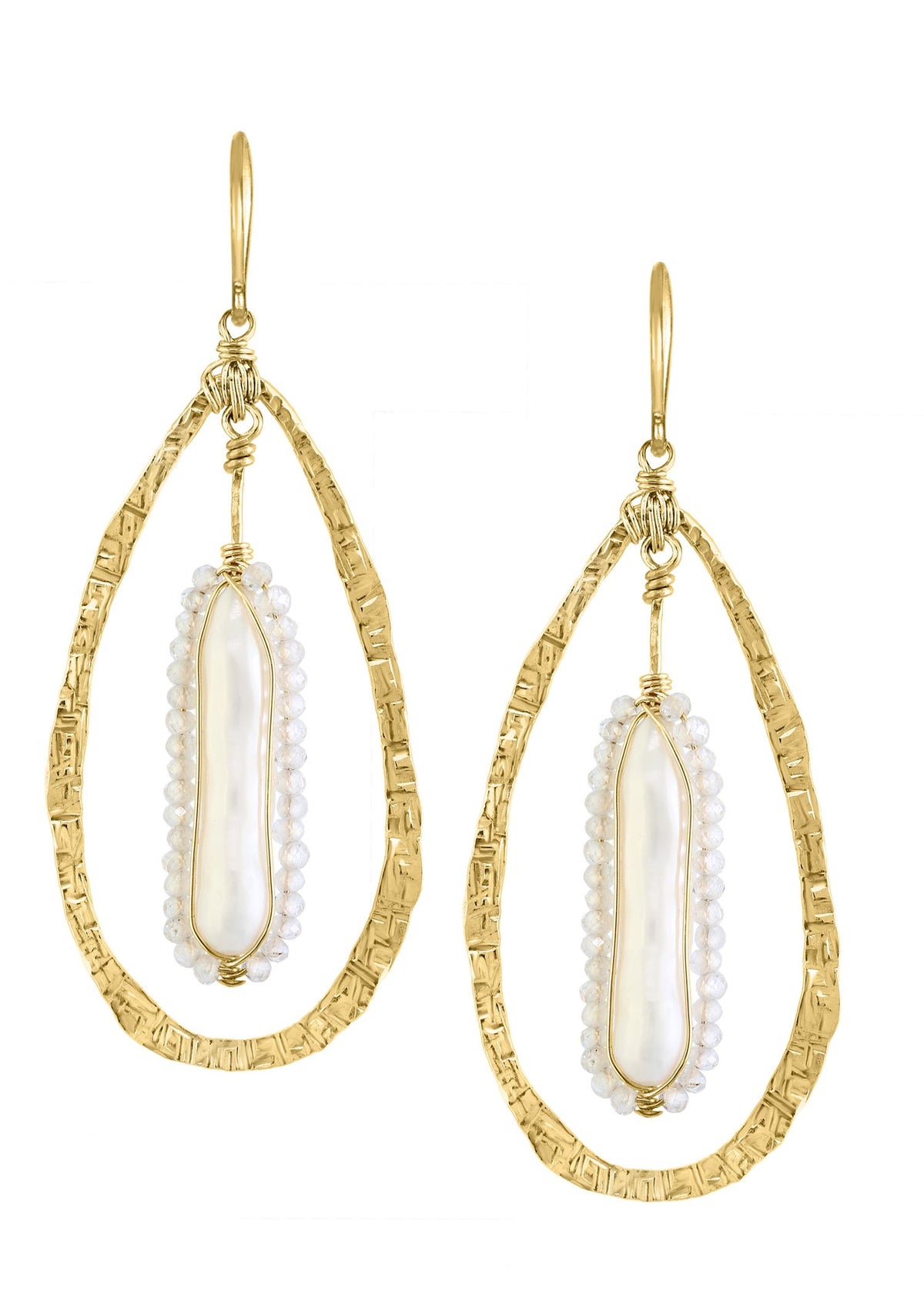 Freshwater pearl earrings in 14k gold fill with hand-textured teardrops and moonstone beads on hand wire-wrapped frames.