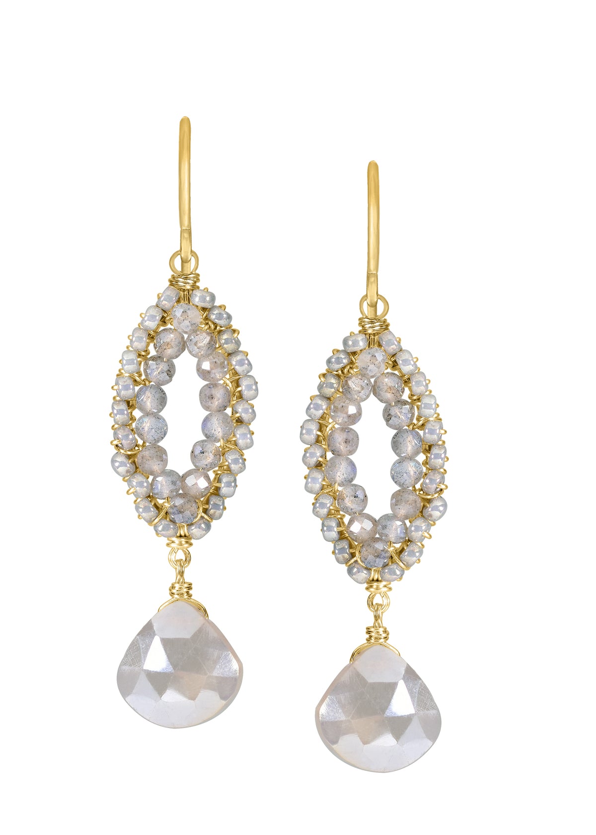 Labradorite and moonstone earrings with 14k gold fill, featuring hand wire-wrapped seed beads in an oval drop design.