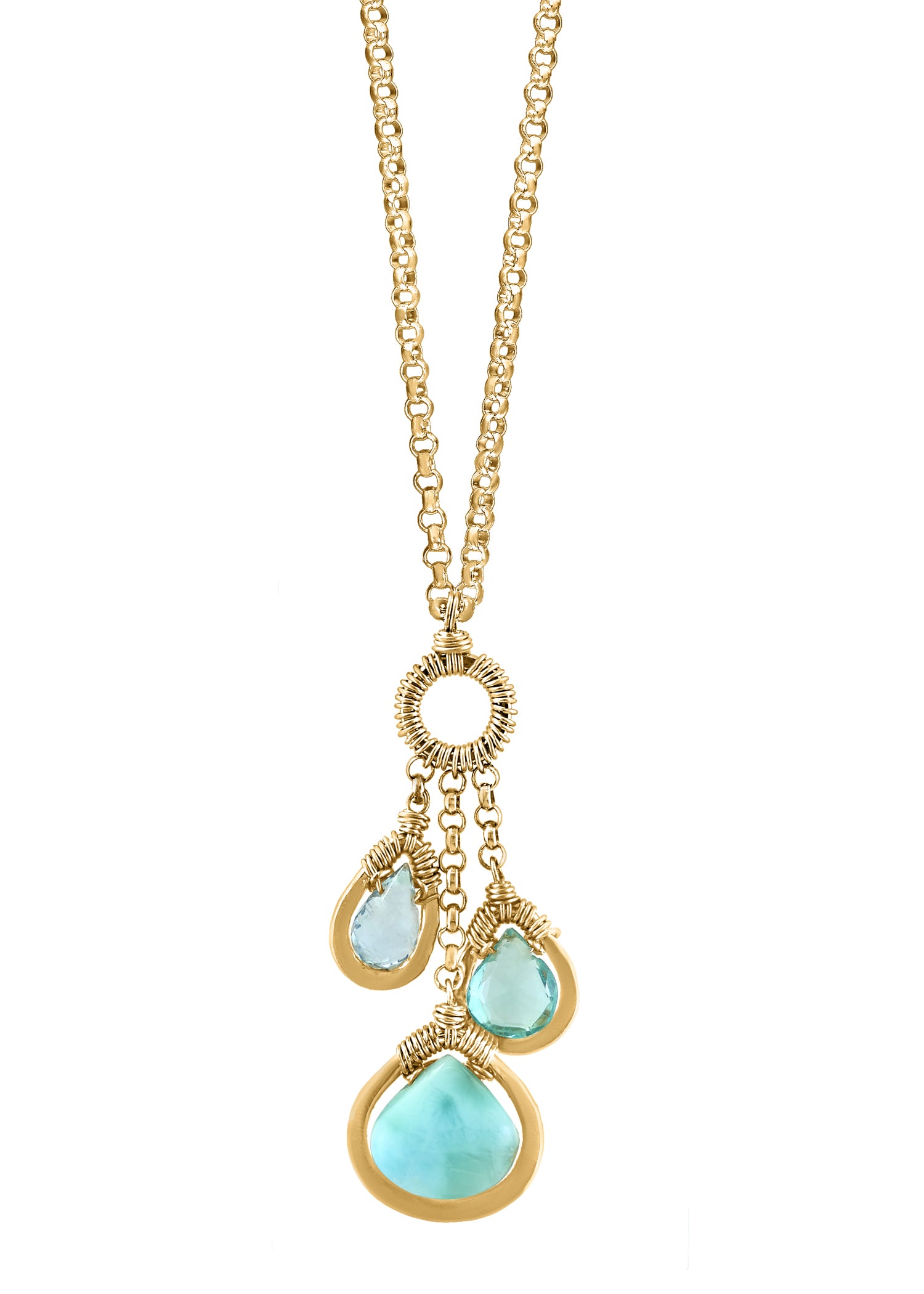 Necklace with Larimar, Apatite, and Aqua quartz teardrops, hand wire-wrapped in 14k gold fill on a delicate chain.