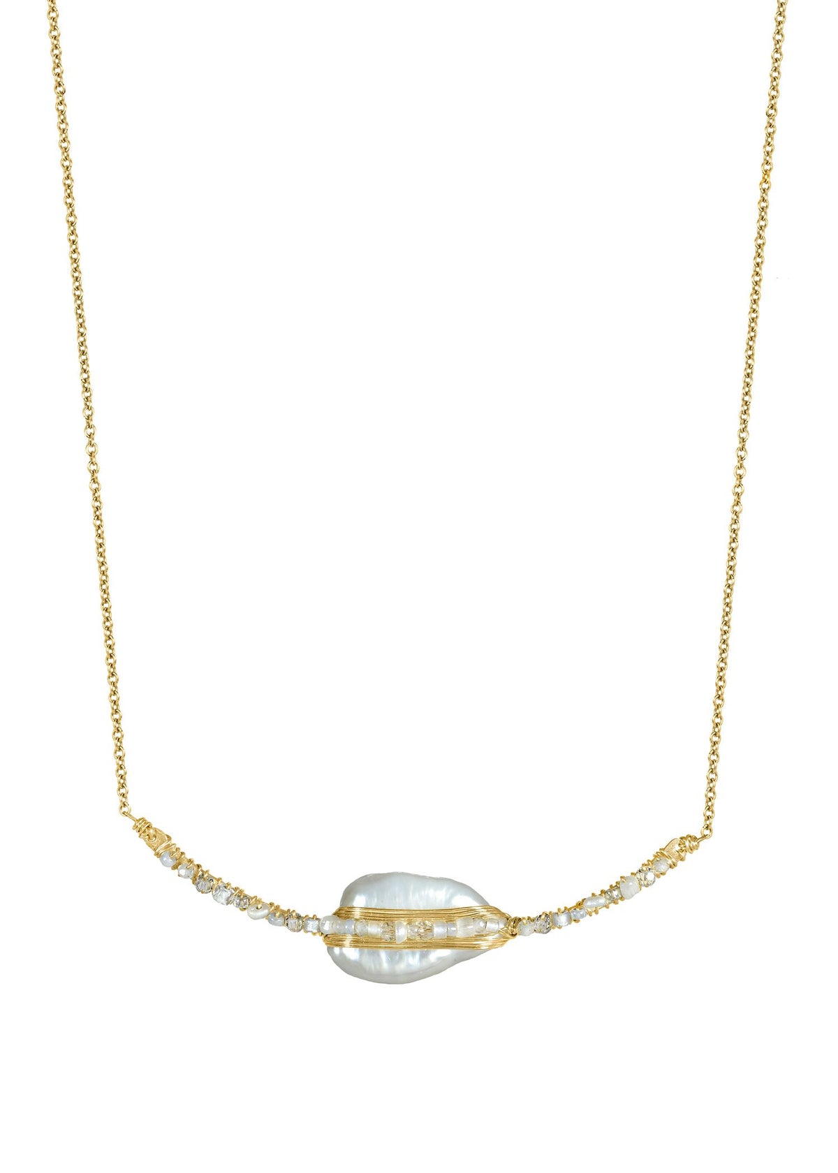 Freshwater pearl necklace with 14k gold fill, hand wire-wrapped with moonstone, crystal, and seed beads on a gold chain.