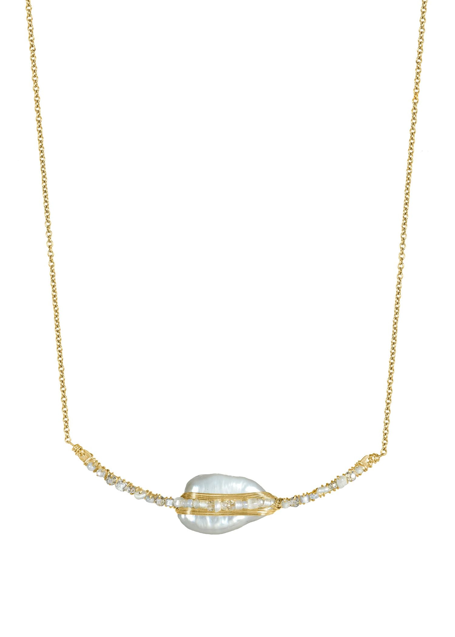 Freshwater pearl necklace with 14k gold fill, hand wire-wrapped with moonstone, crystal, and seed beads on a gold chain.