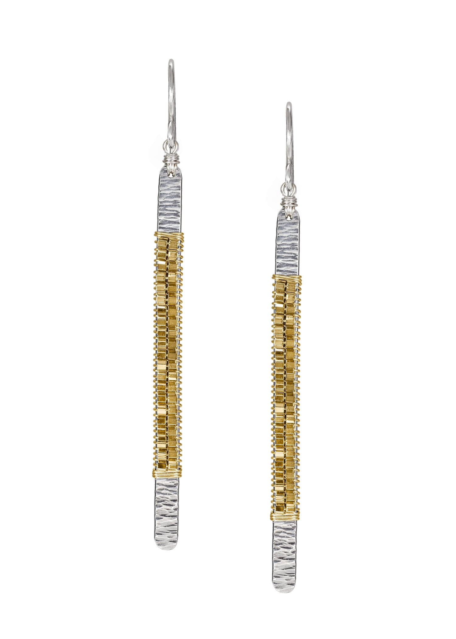 Shimmer stick earrings with 14k gold fill beads hand wire-wrapped on a textured sterling silver bar.