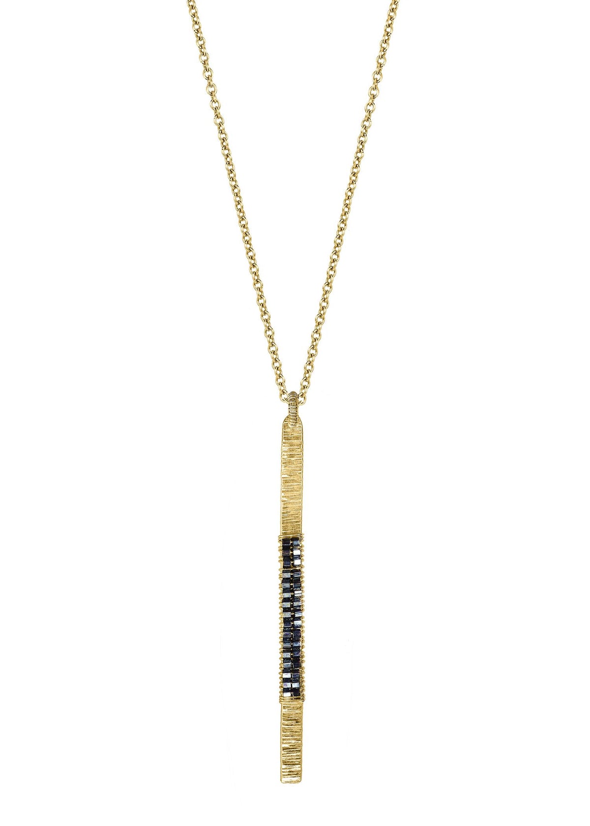 Hematite bead necklace in 14k gold fill featuring a long, hand-textured bar pendant on a delicate chain.