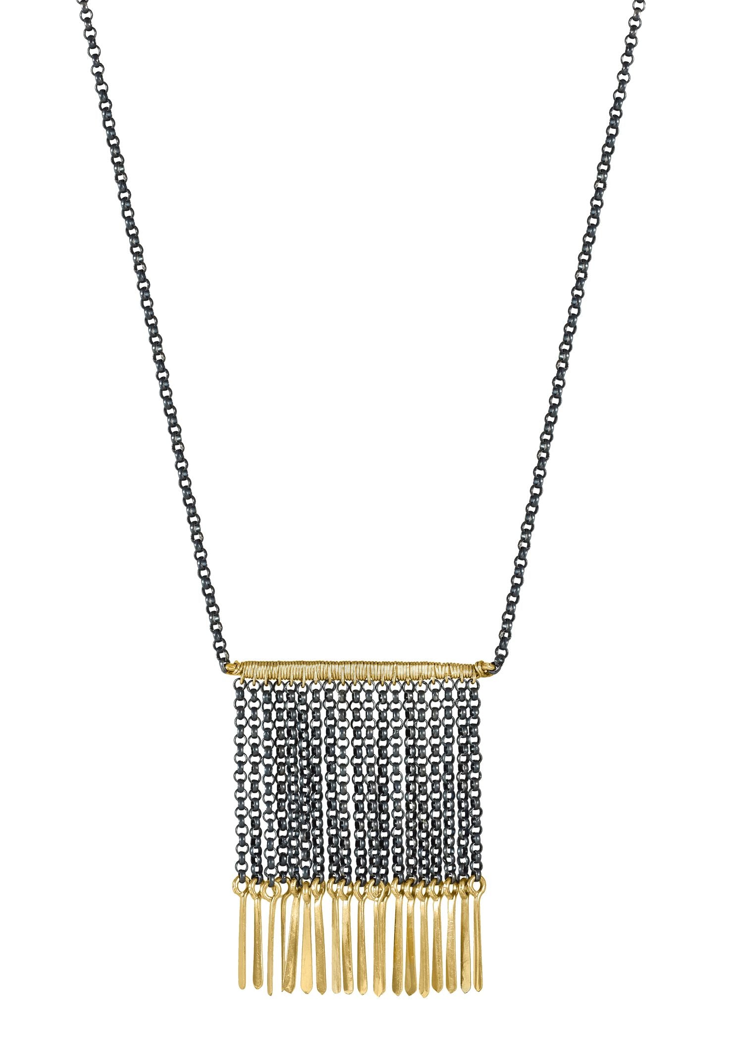 Fringe necklace in 14k gold fill and blackened sterling silver with a hand wire-wrapped bar and mixed metal chain.